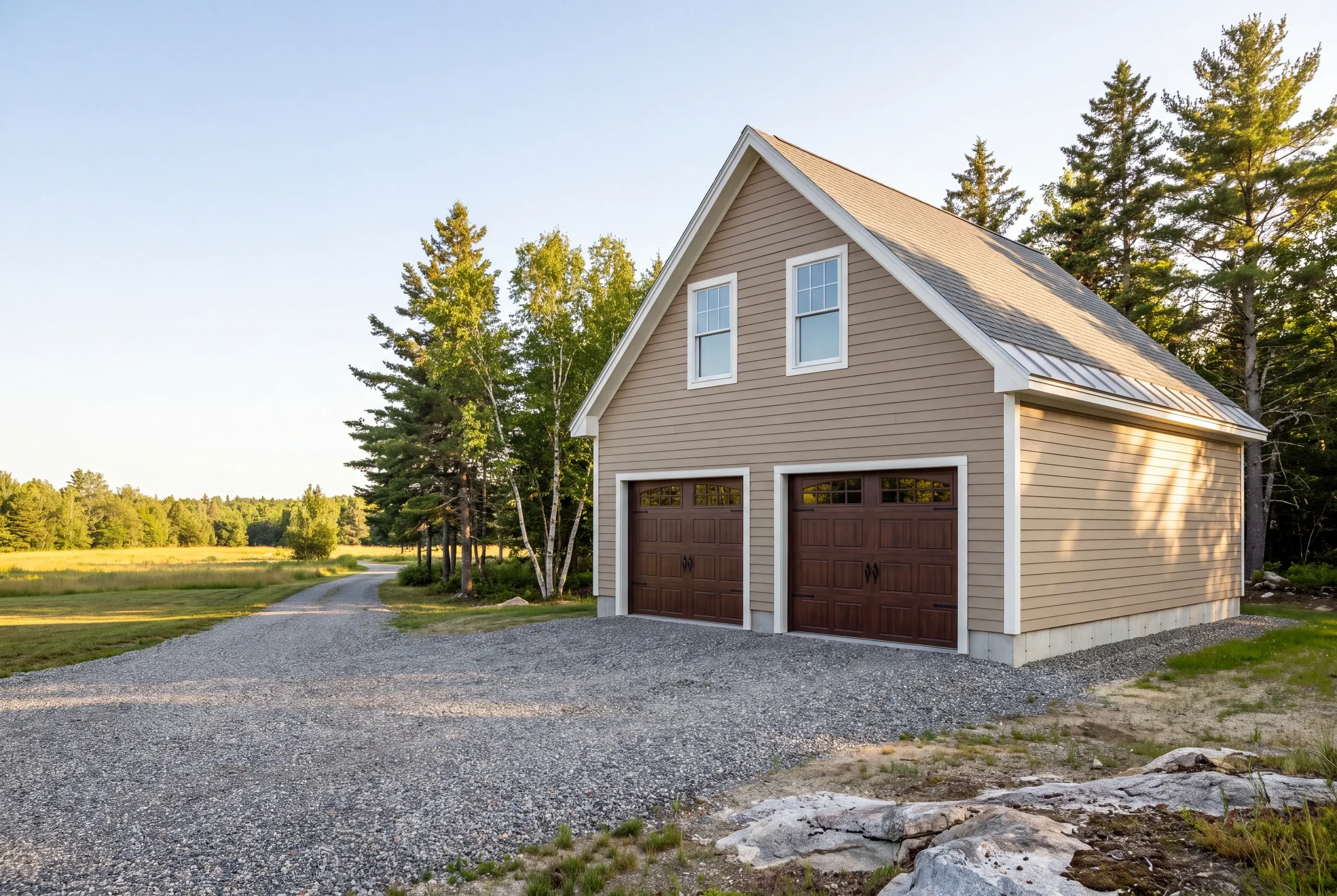 Detached garage builder Searsmont Maine: tan two-bay garage with paired upper windows and brown carriage doors beside an open field