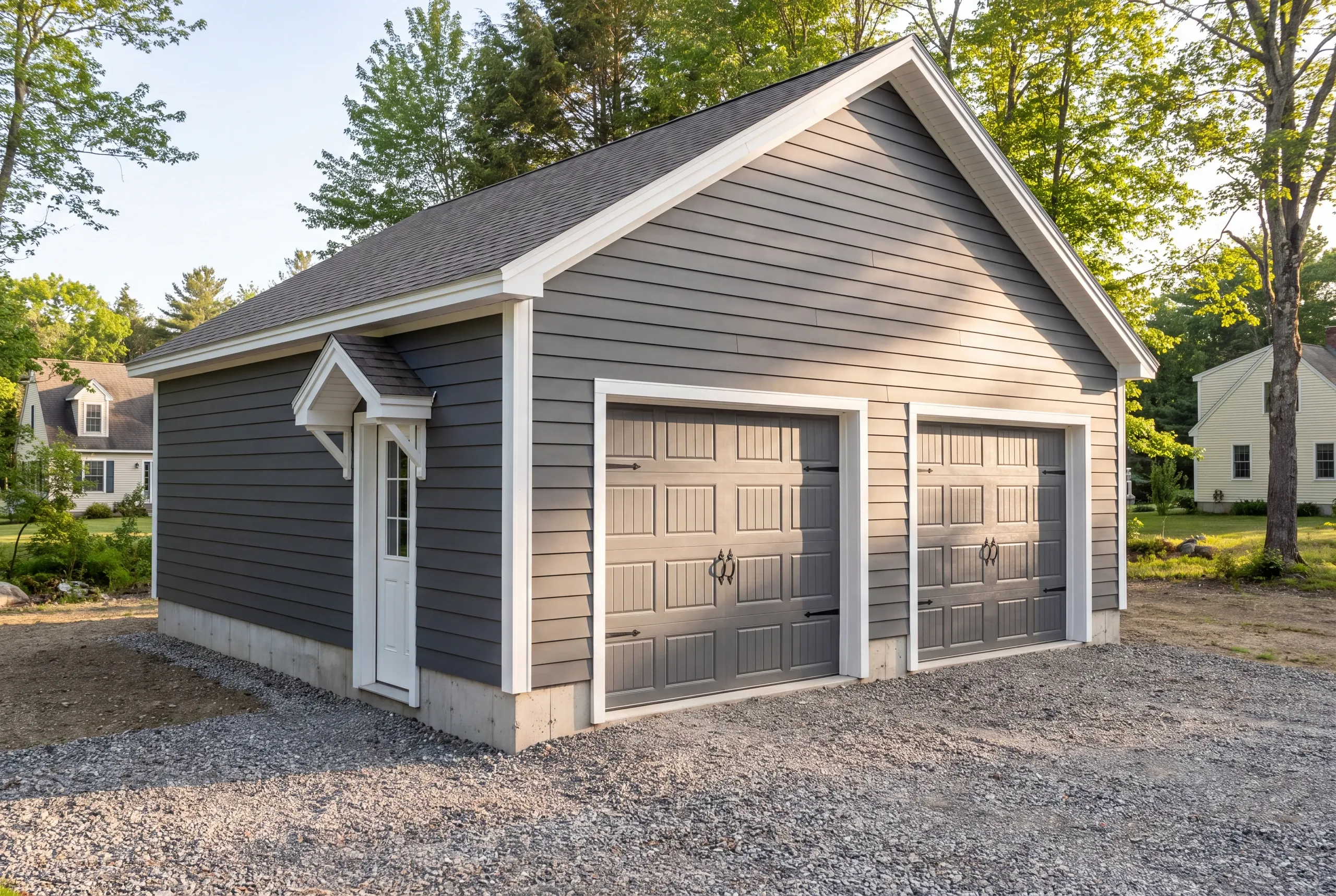 Garage builder in Thomaston, ME: gray two-bay garage with a hooded side entry door near a white cape and a cream house