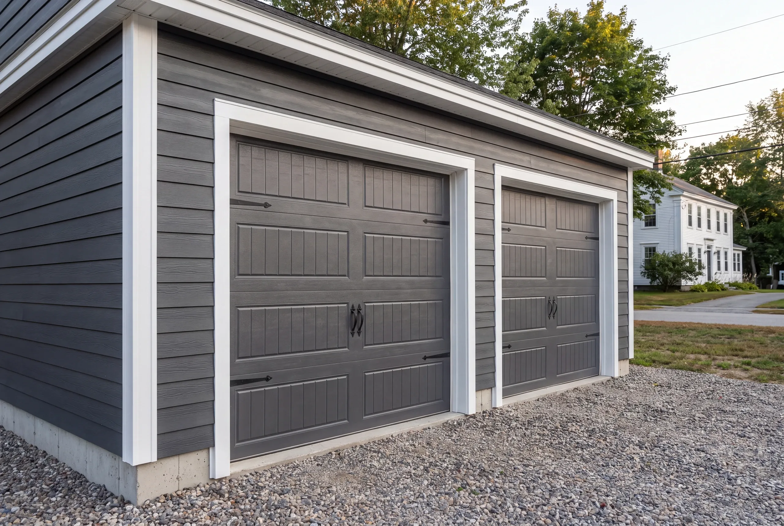 Custom garage builder Thomaston Maine: charcoal gray garage with dark carriage doors and white trim, a white colonial beyond