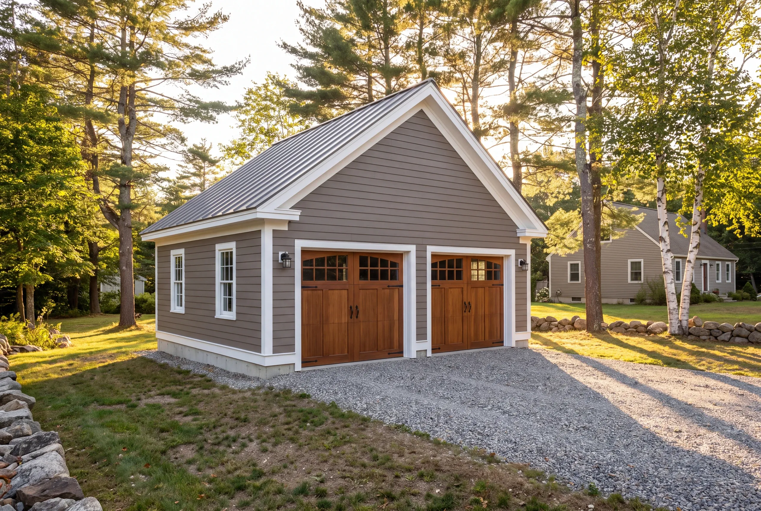 Detached garage builder Thomaston Maine: gray garage with a standing seam metal roof and wood-tone carriage doors among tall pines