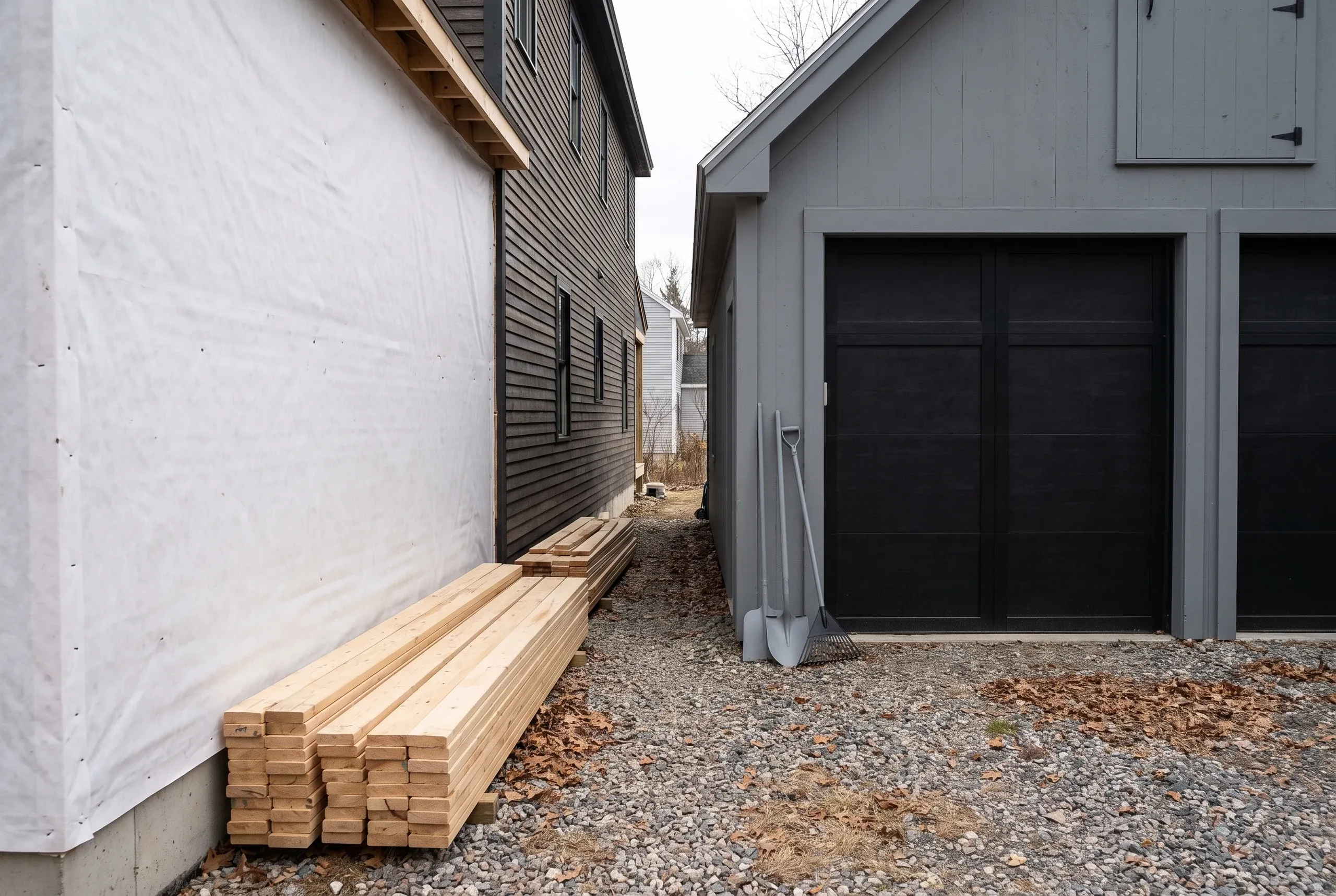 Garage builder Thomaston Maine: narrow gravel passage with stacked lumber running between a dark lap house and a gray garage with black panel doors