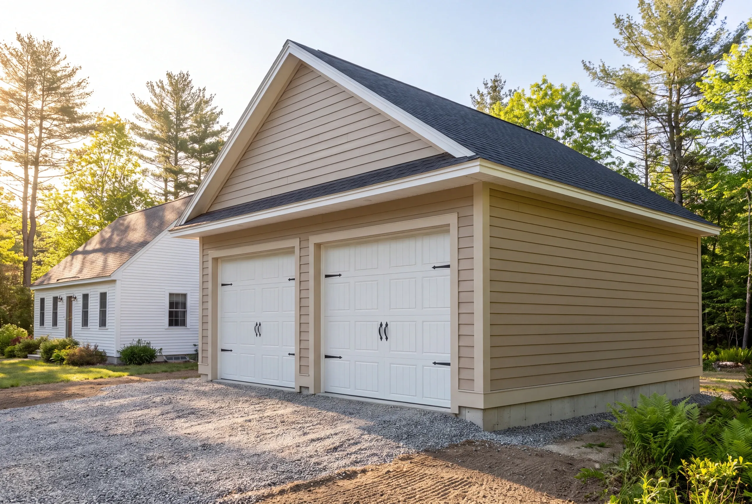 Custom garage builder Thomaston Maine: tan two-bay garage with white carriage doors beside a white cape on a gravel drive