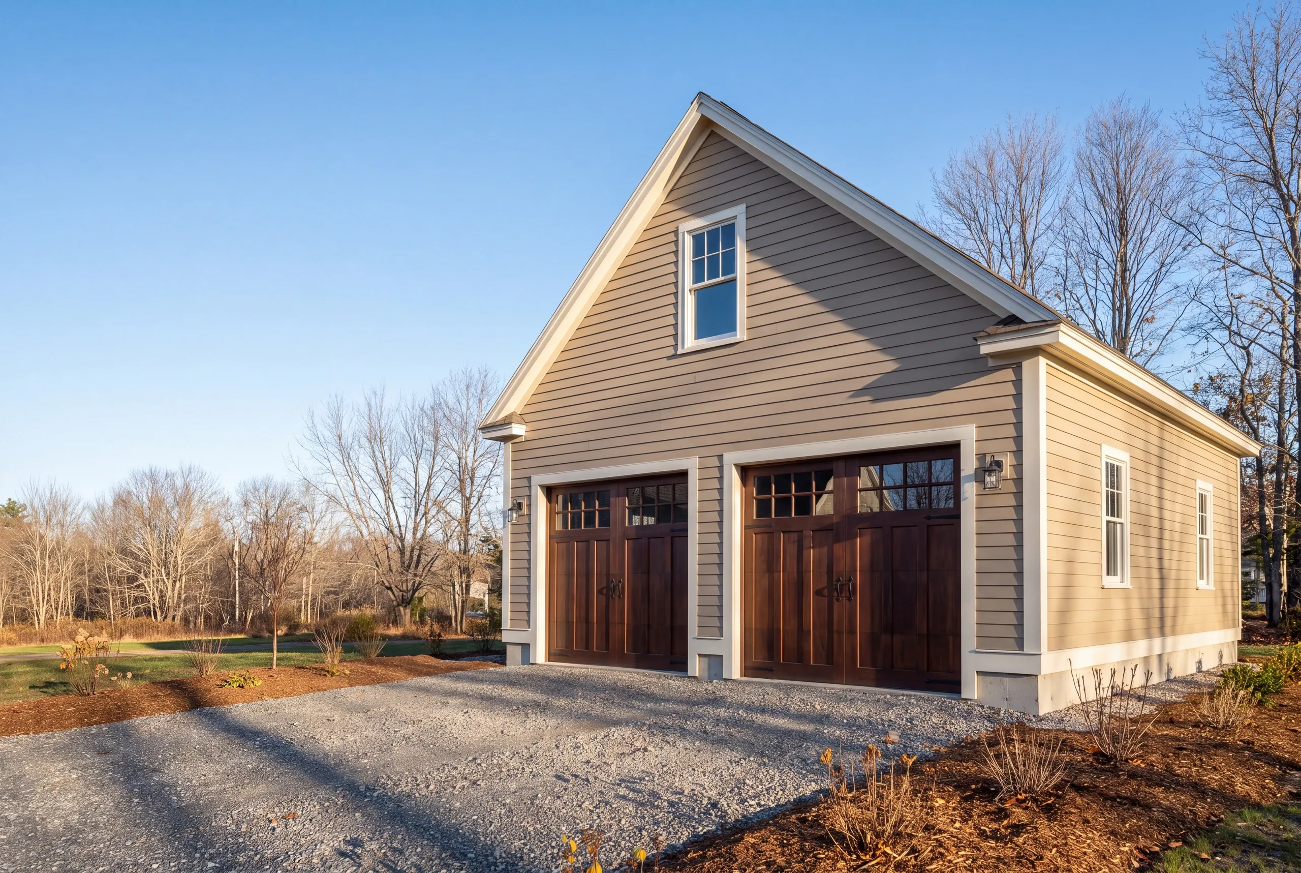 Detached garage builder Thomaston Maine: tan two-bay garage with an upper gable window and dark wood-tone carriage doors, fresh mulch