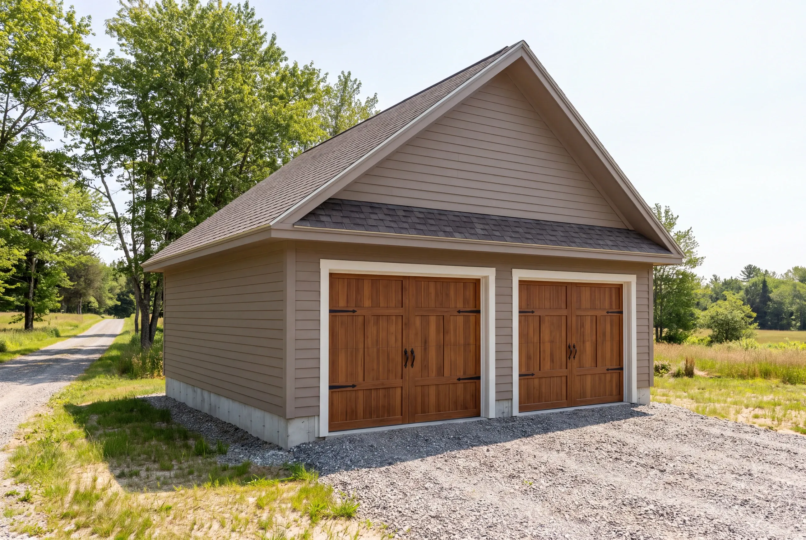 Garage builder in Waldoboro, ME: taupe two-bay garage with wood-tone carriage doors beside a gravel lane and open meadow