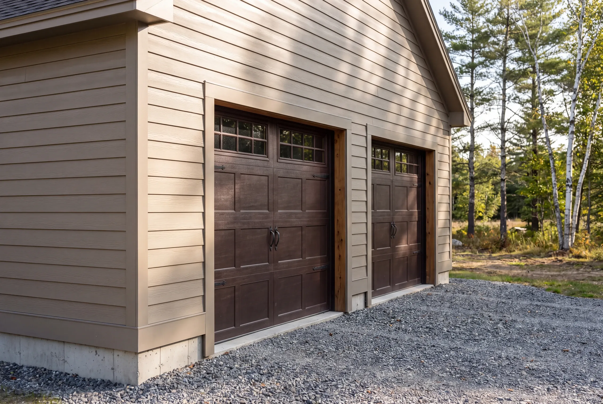Custom garage builder Waldoboro Maine: close corner of a tan garage with two dark brown windowed doors against birch woods