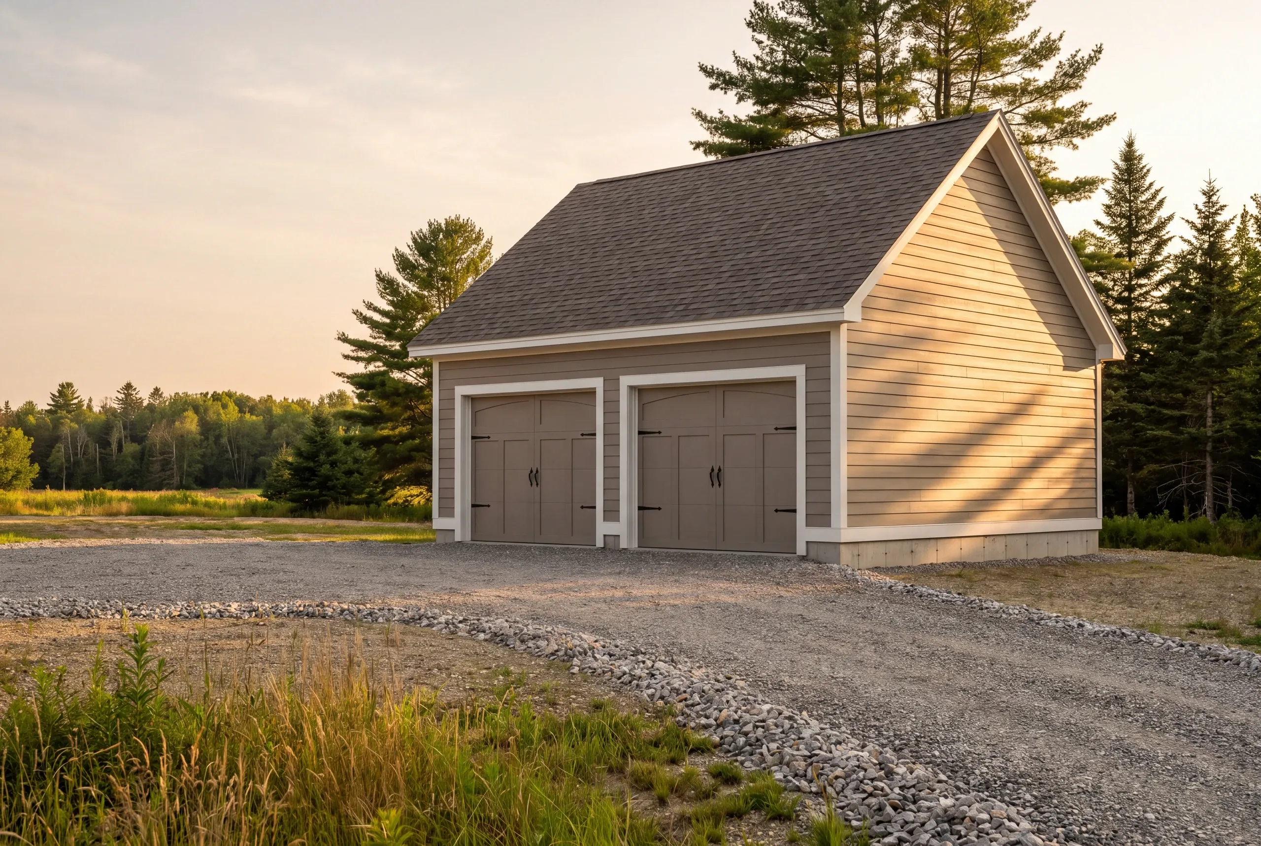 Detached garage builder Waldoboro Maine: tan two-bay garage with gray carriage doors and a curving gravel drive at sunset
