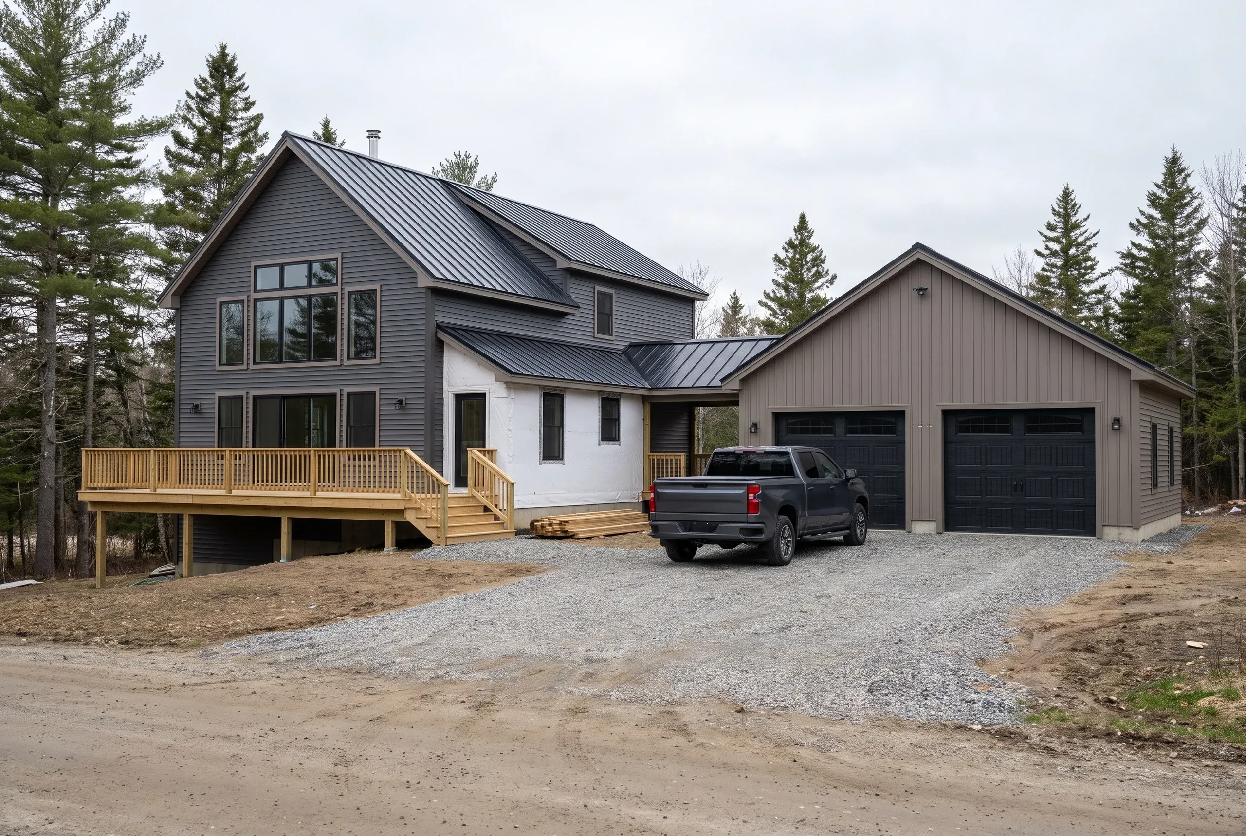 Garage builder Waldoboro Maine: dark gray detached two-bay garage with matching house, gray pickup parked on the gravel drive