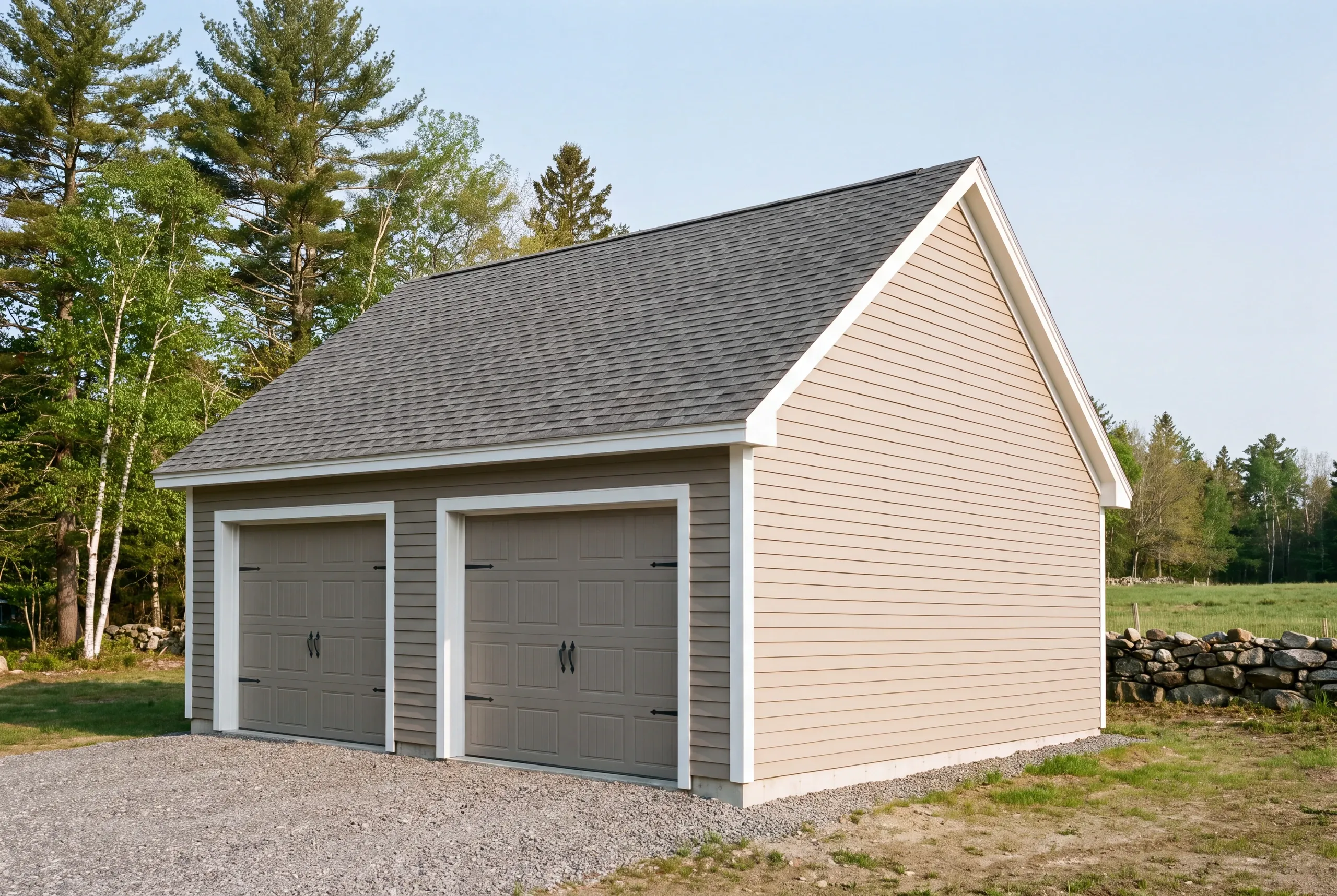 Custom garage builder Waldoboro Maine: tan two-bay garage with gray doors near a fieldstone wall and open pasture