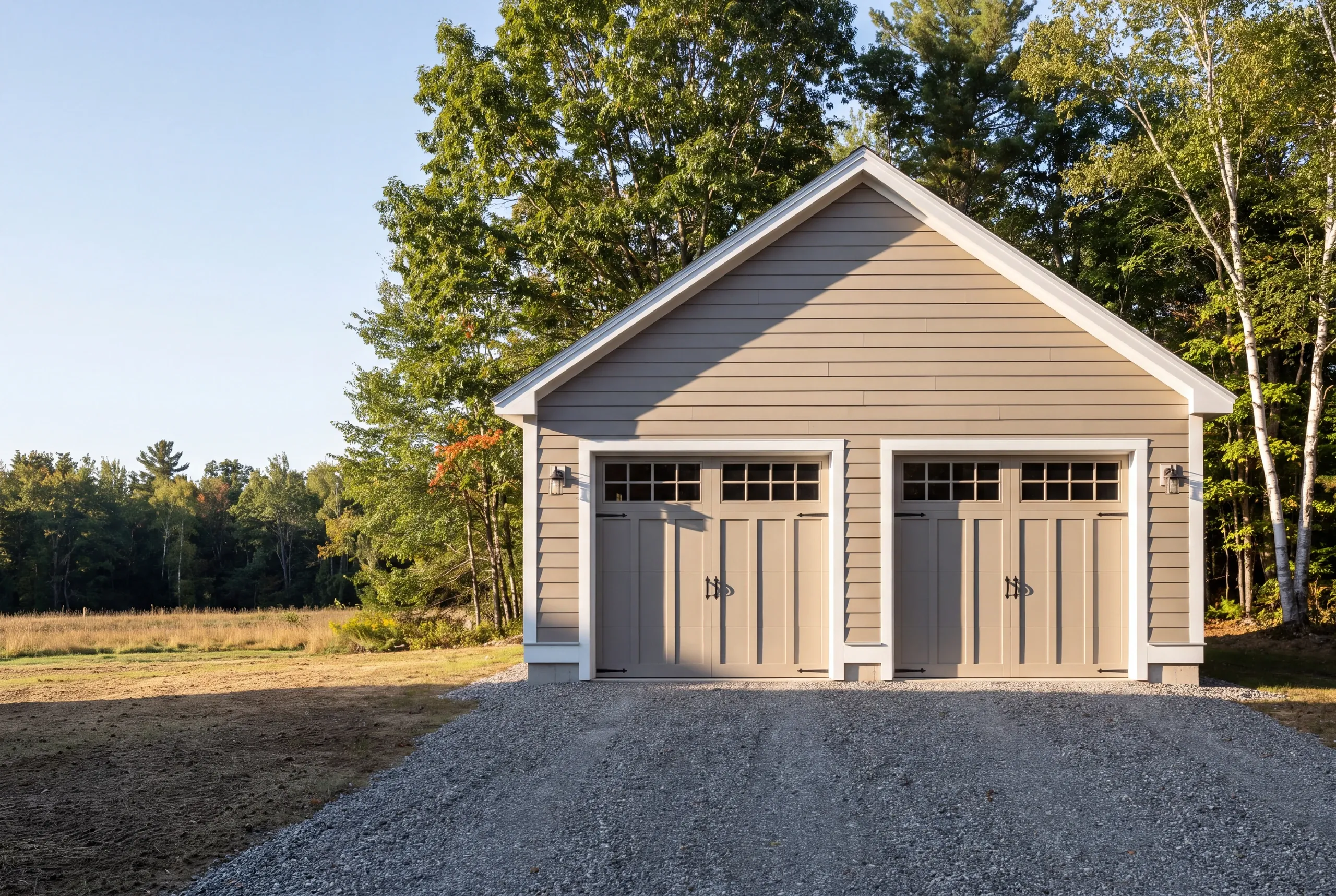 Detached garage builder Waldoboro Maine: tan two-bay garage with windowed taupe carriage doors facing a long gravel drive