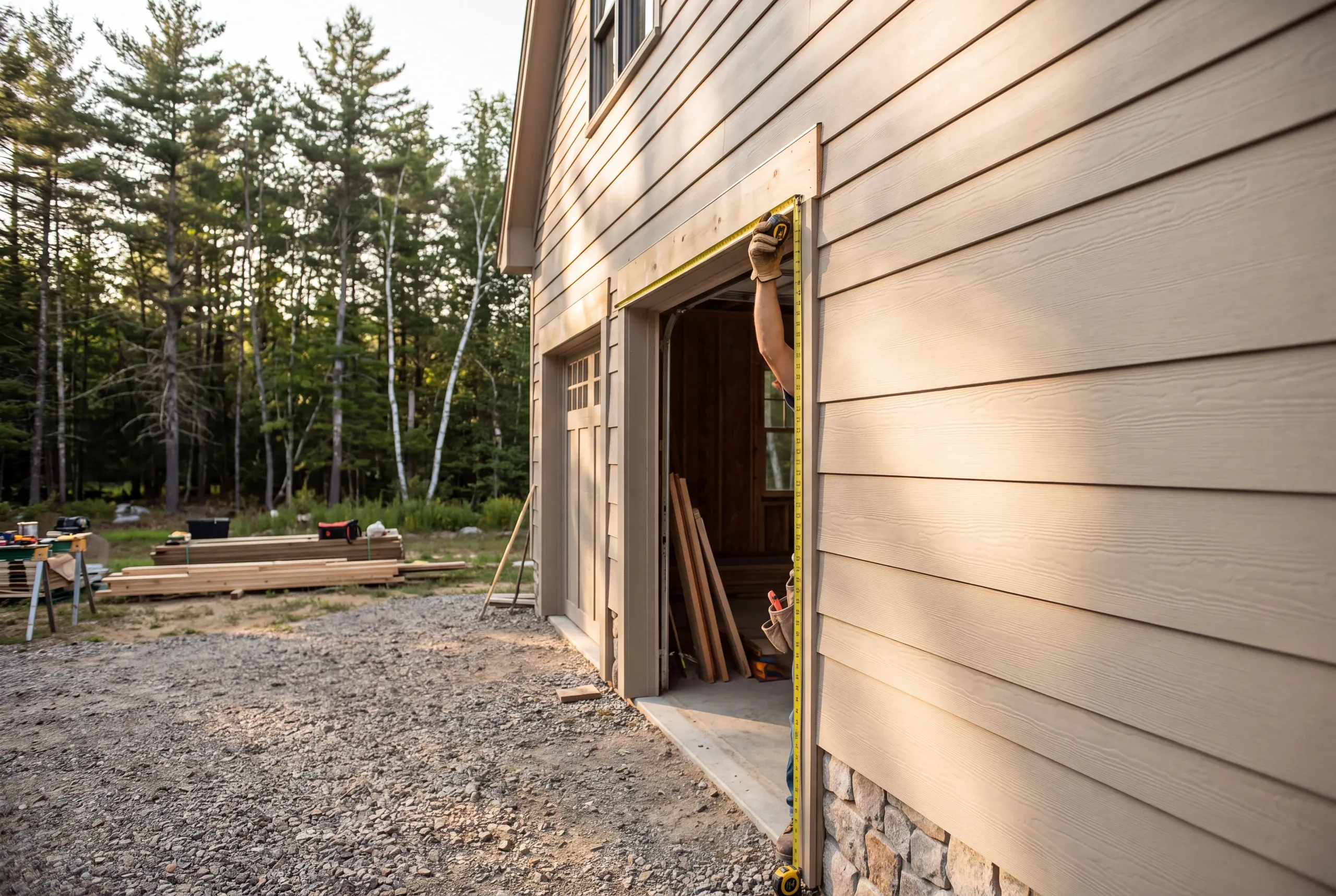 Custom garage builder Warren Maine: gloved arm holding a tape measure across the top of an open garage door opening