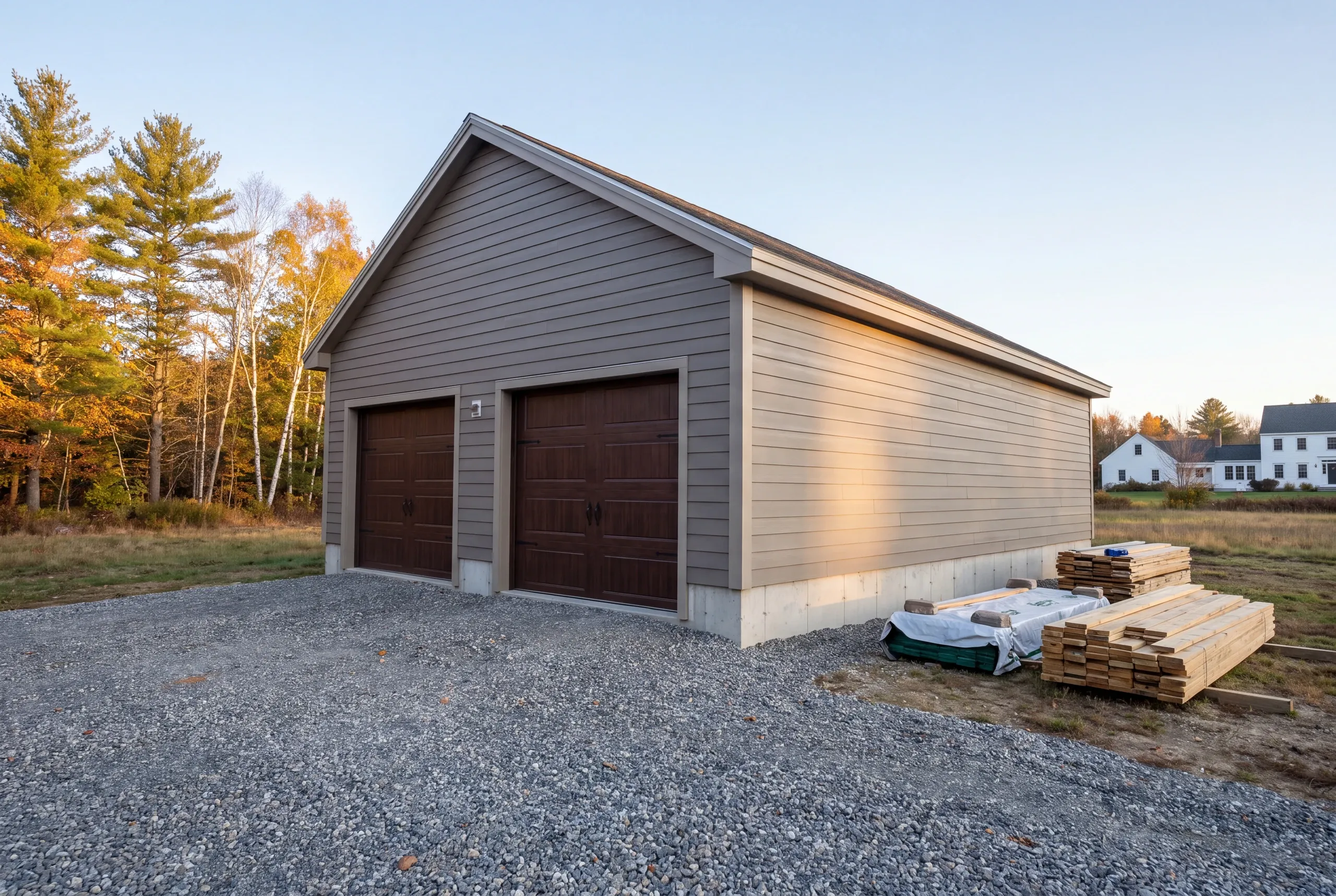 Detached garage builder Warren Maine: long gray-sided garage with two brown doors and stacked lumber beside a field
