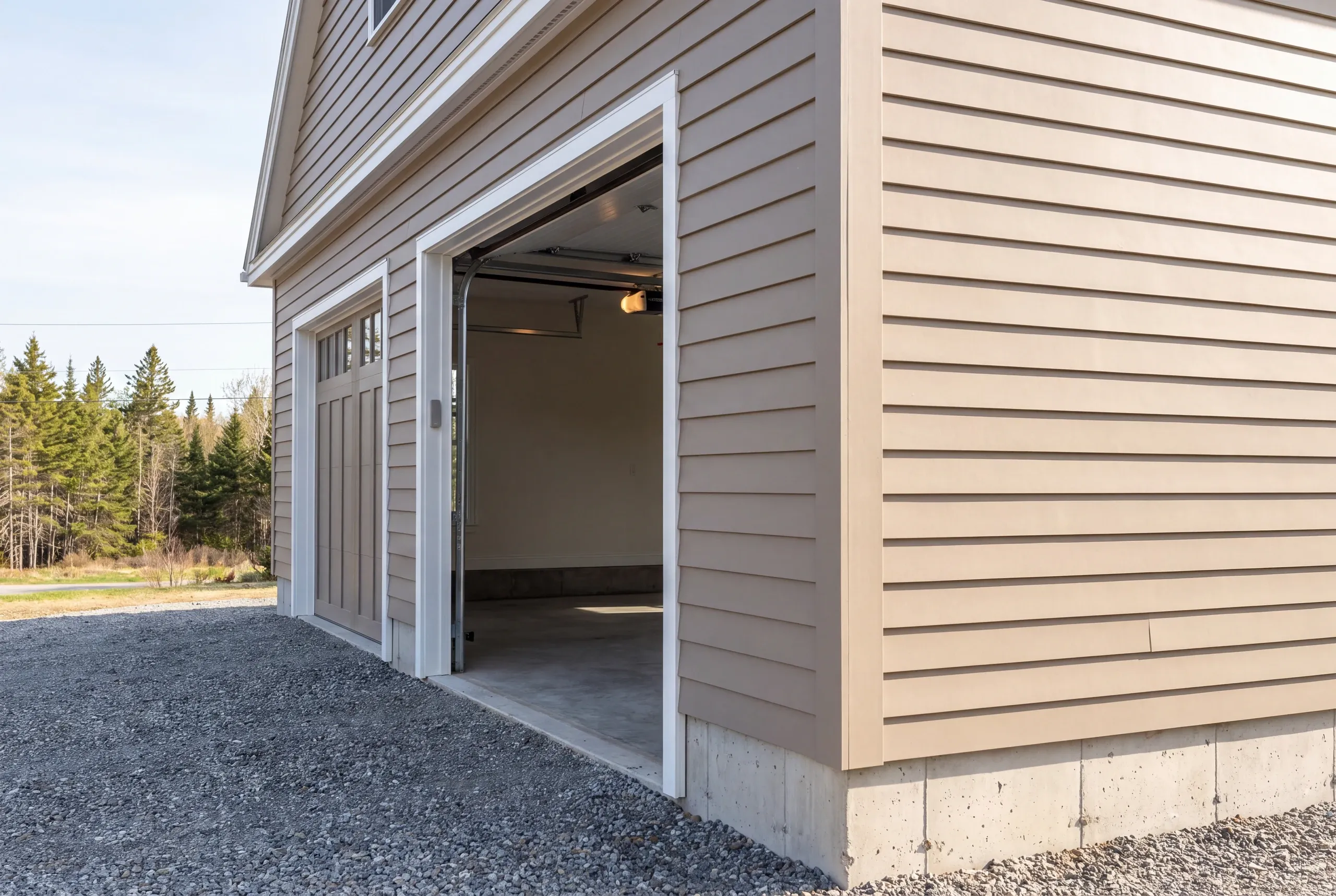 Garage builder Warren Maine: open garage bay showing a ceiling opener and door track beside a closed carriage door