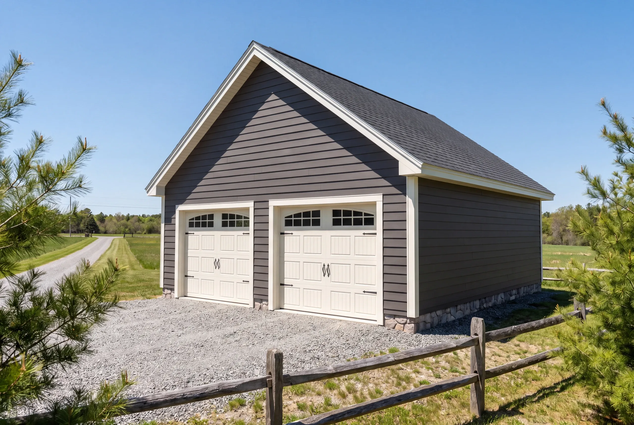 Custom garage builder Warren Maine: charcoal two-bay garage with white windowed doors behind a split-rail fence