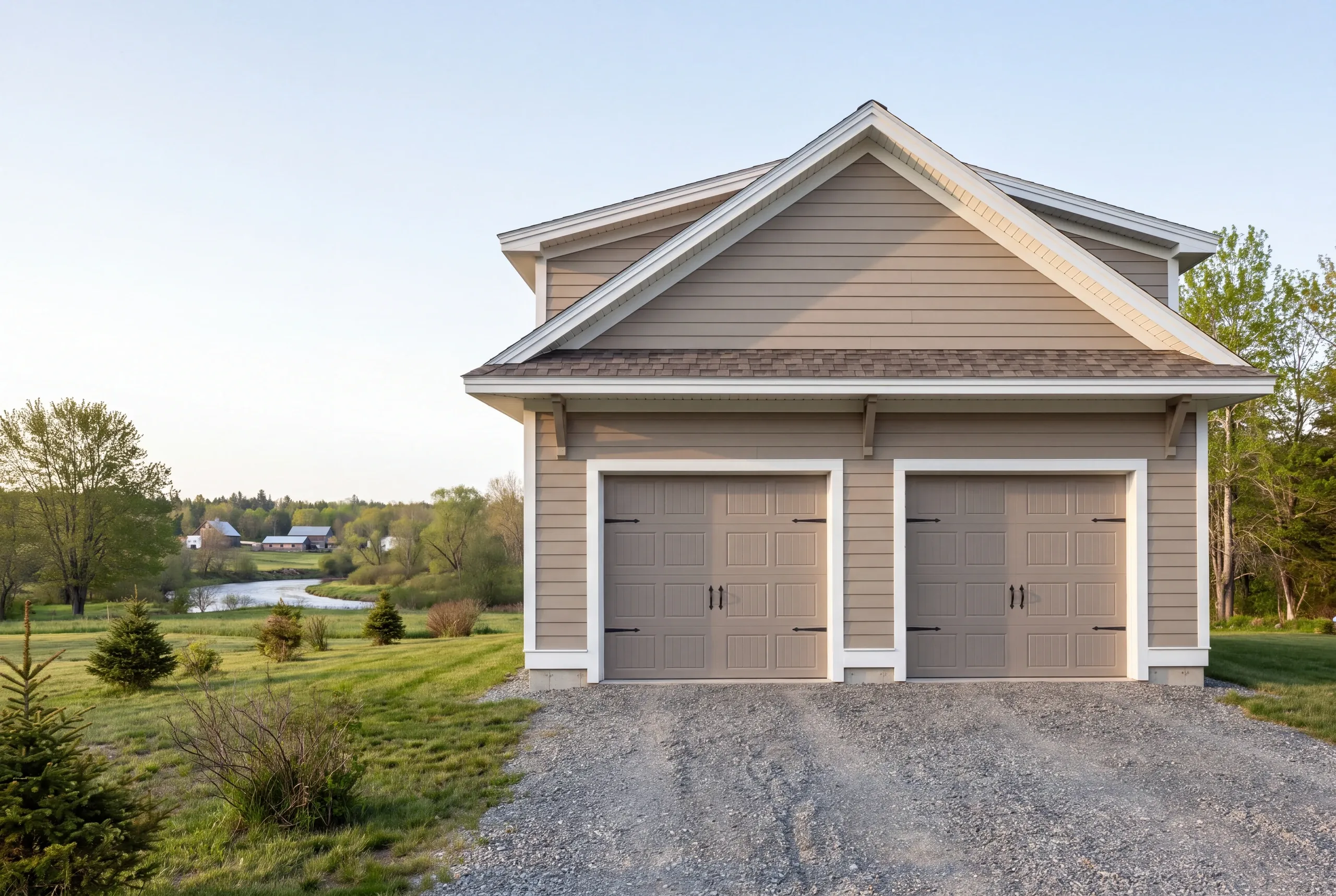 Detached garage builder Warren Maine: taupe two-bay garage with bracketed eaves and a raised gable above a river valley