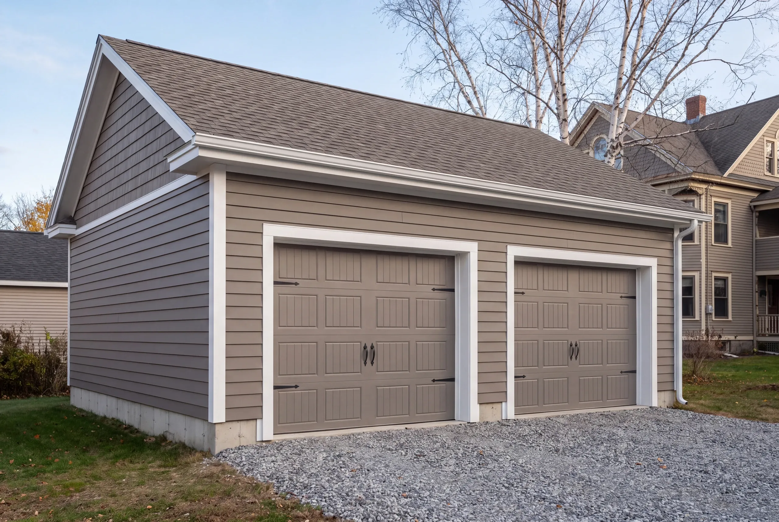 Garage builder in Waterville, ME: taupe two-bay garage with white trim and gutters beside a Victorian house and birches
