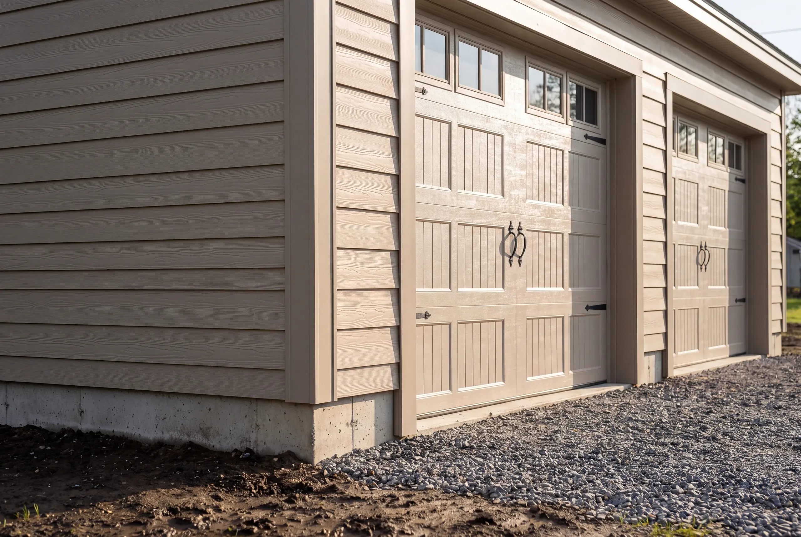 Custom garage builder Waterville Maine: close corner of a new taupe garage with two windowed carriage doors on fresh soil