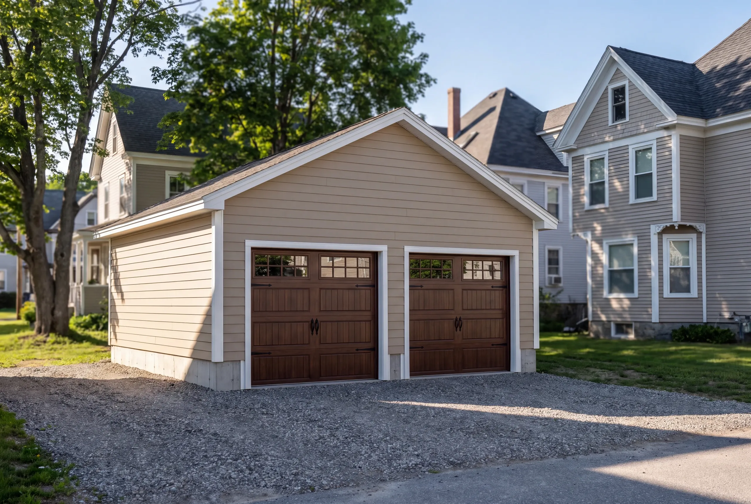 Detached garage builder Waterville Maine: tan two-bay garage with wood-tone doors in front of gray Victorian houses