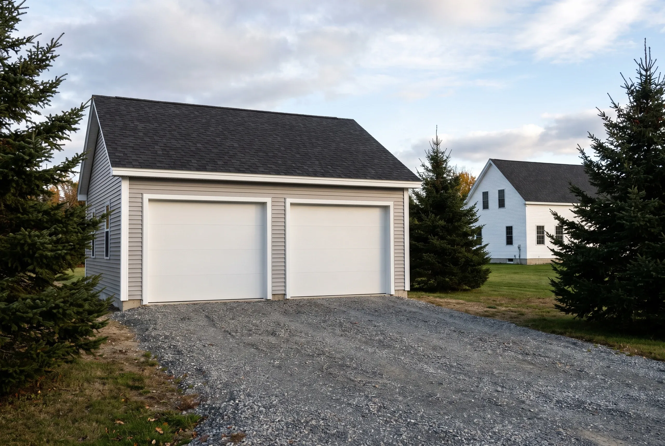 Garage builder Waterville Maine: gray lap-sided detached two-bay garage with white doors on a gravel drive beside a white farmhouse