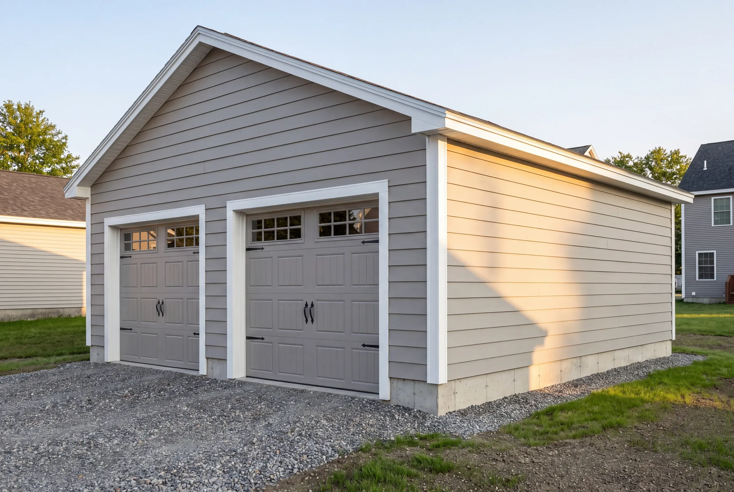 Custom garage builder Waterville Maine: detached light gray lap two-bay garage with carriage doors on a gravel apron beside neighbors