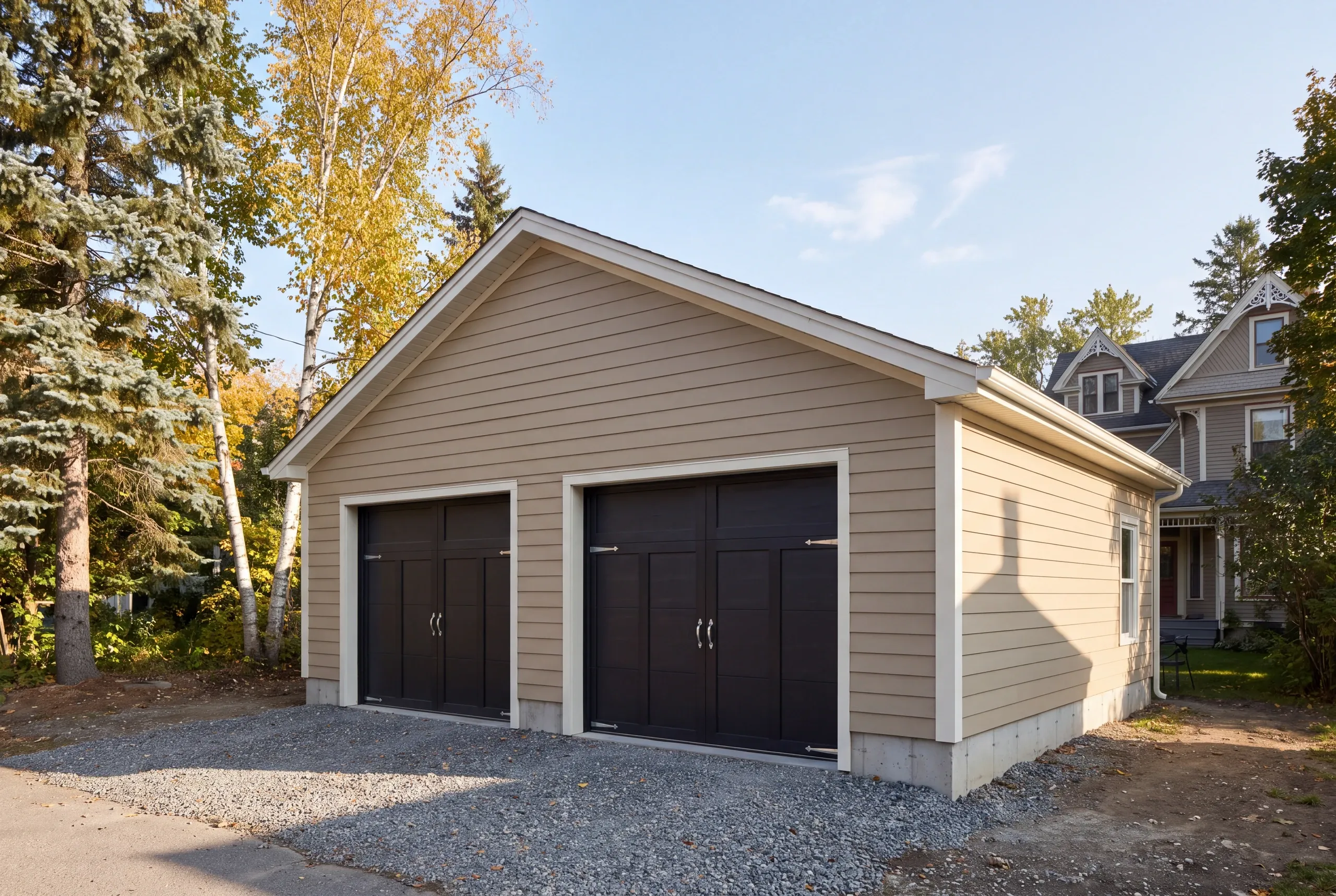Detached garage builder Waterville Maine: tan lap two-bay garage with black carriage doors set apart from a Victorian house