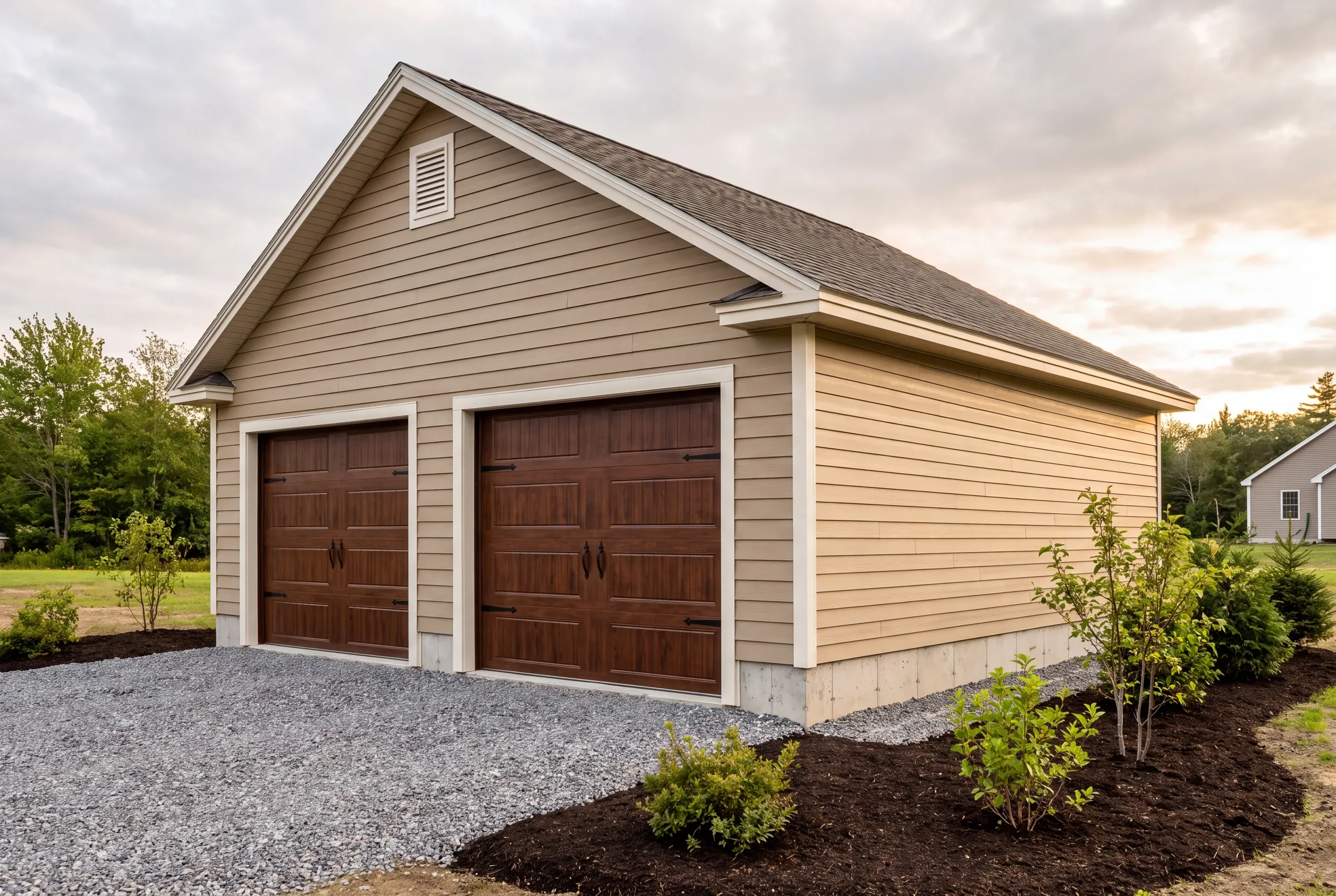 Garage builder in Windsor, ME: detached tan lap two-bay garage with brown carriage doors, gravel apron and new mulch beds