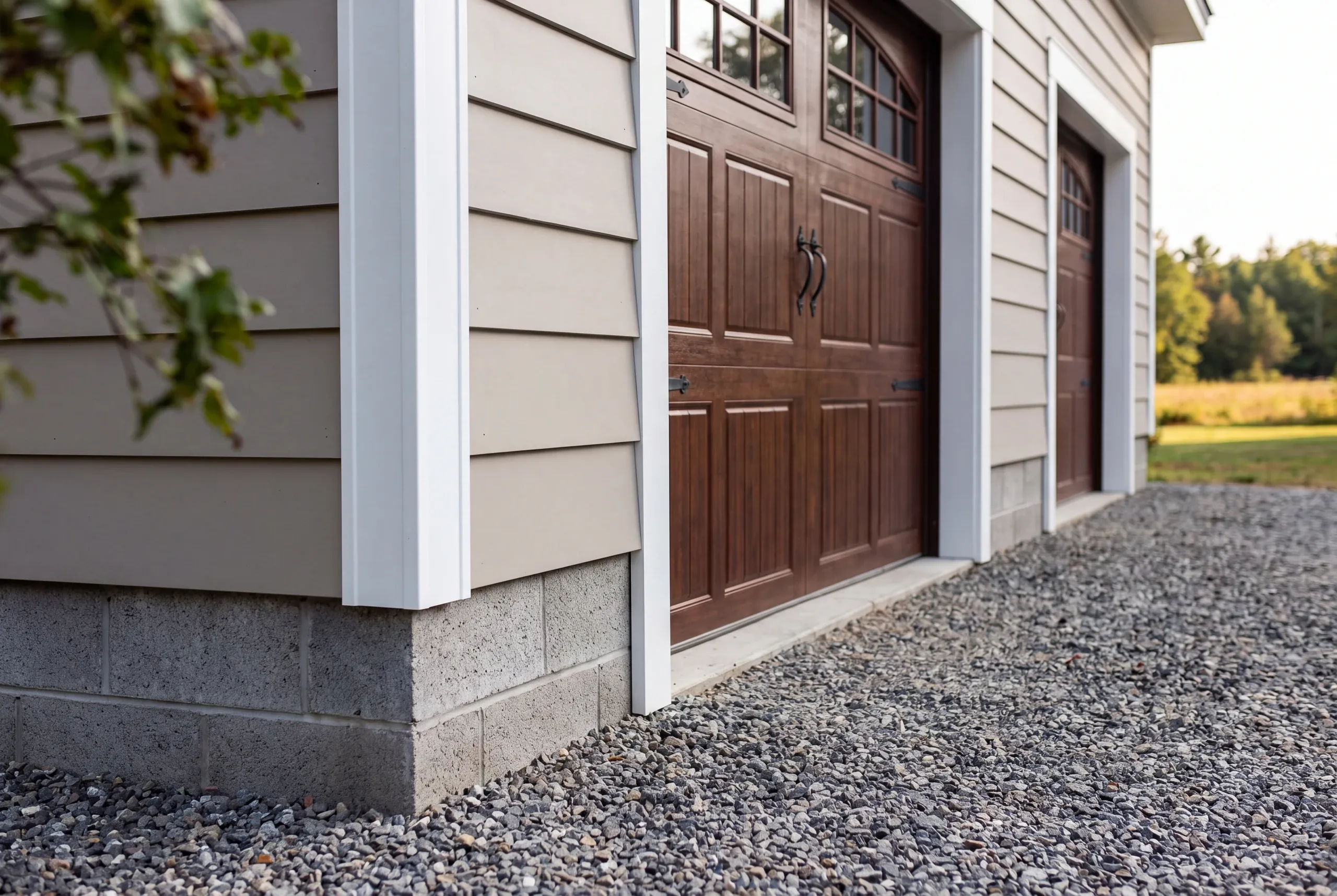 Custom garage builder Windsor Maine: close view of beige lap siding, walnut carriage doors and block foundation on crushed stone