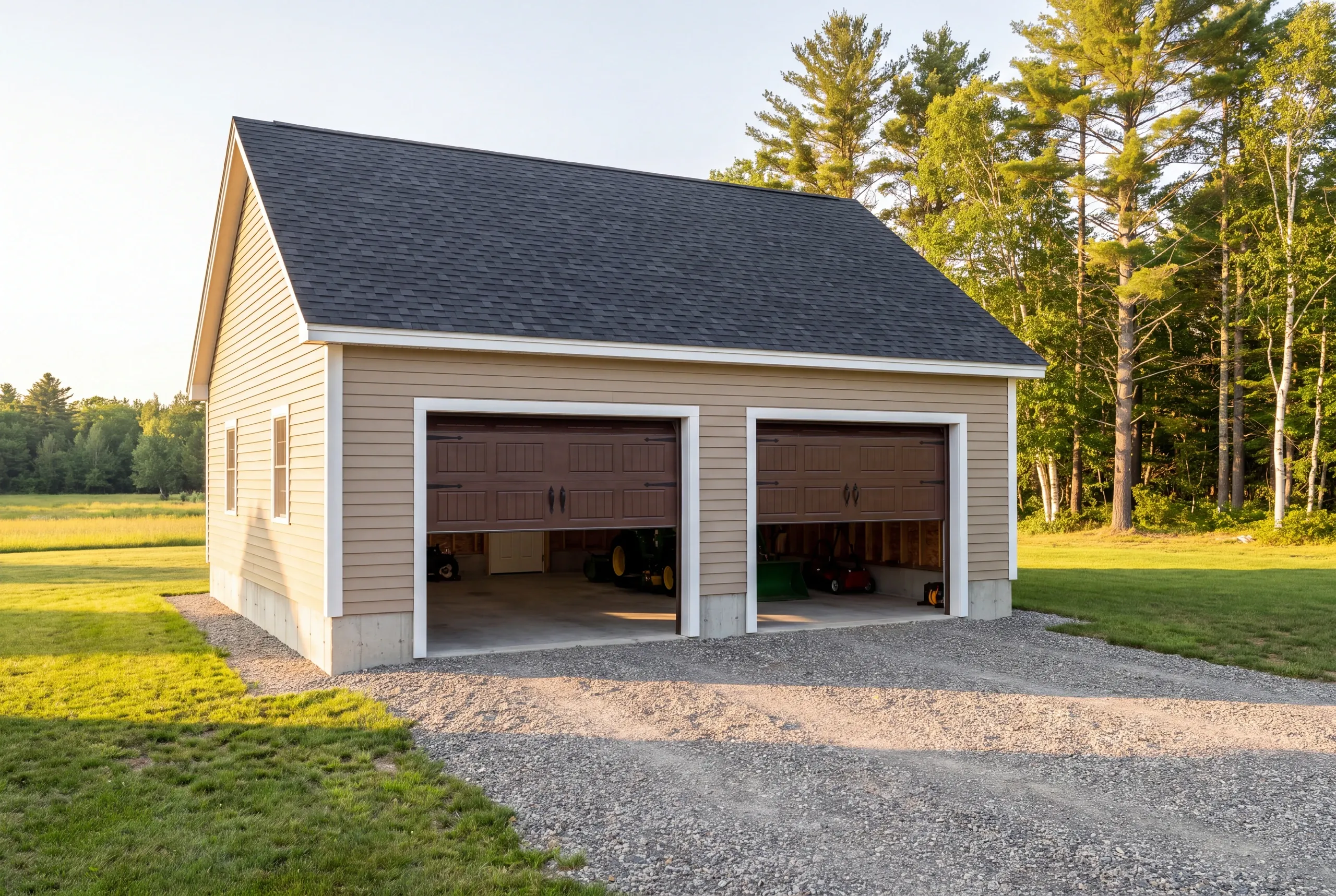 Detached garage builder Windsor Maine: tan two-bay garage with doors open to a mower and tractor, gravel drive and open field