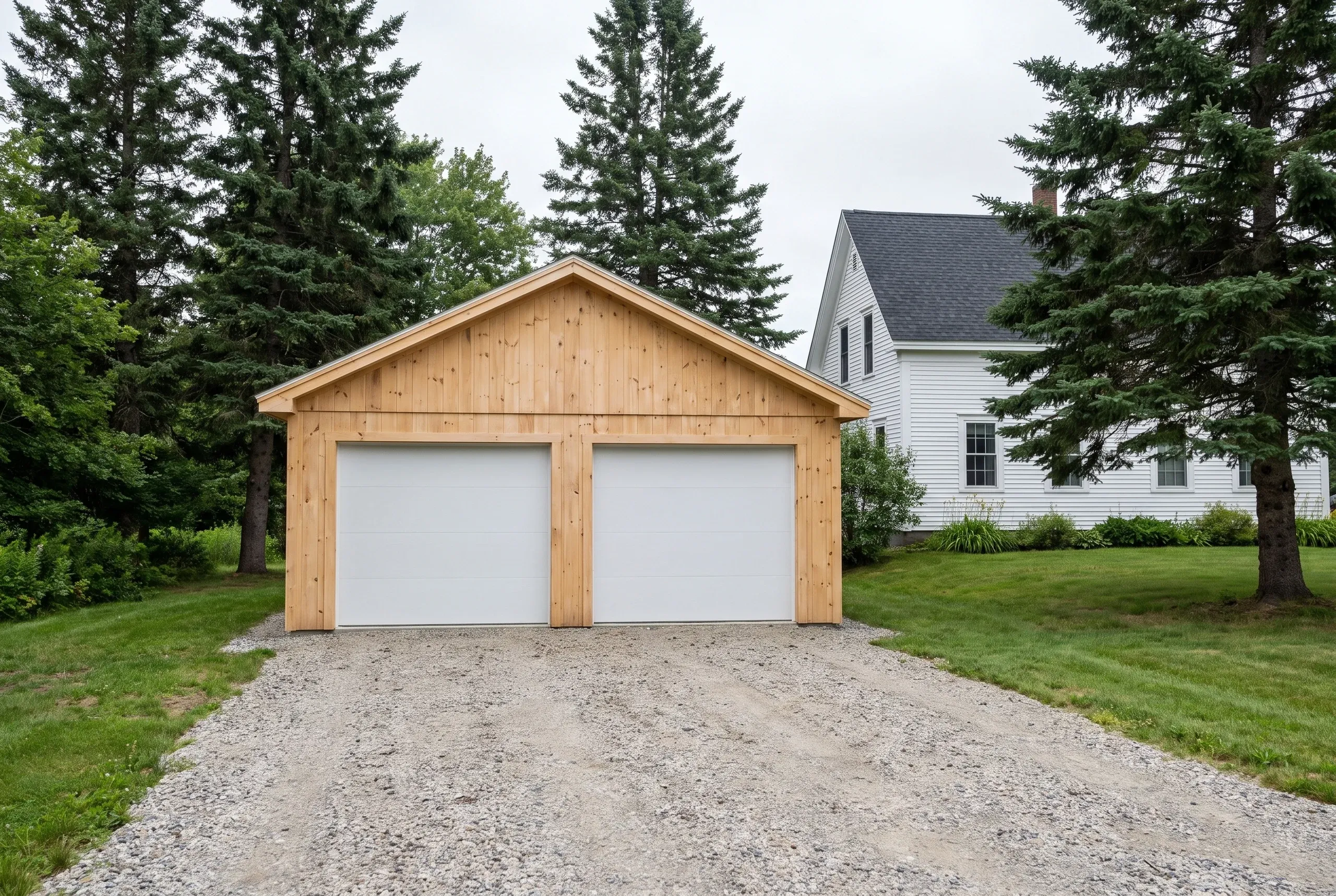Garage builder Windsor Maine: pine board-and-batten two-bay garage with white doors on a gravel drive beside a white farmhouse