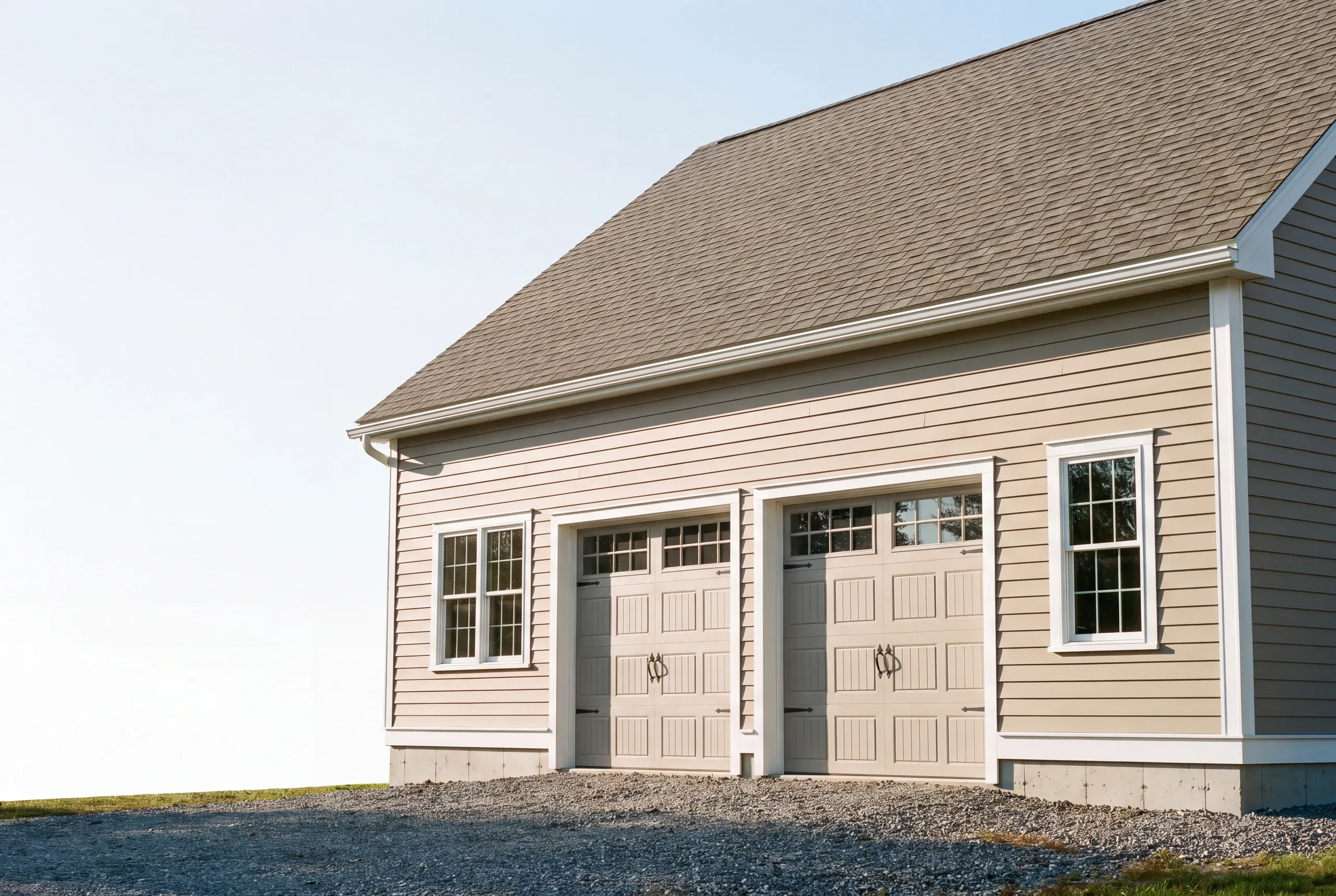 Detached garage builder Windsor Maine: beige lap garage with two almond carriage doors, flanking windows and gutters on a stone apron