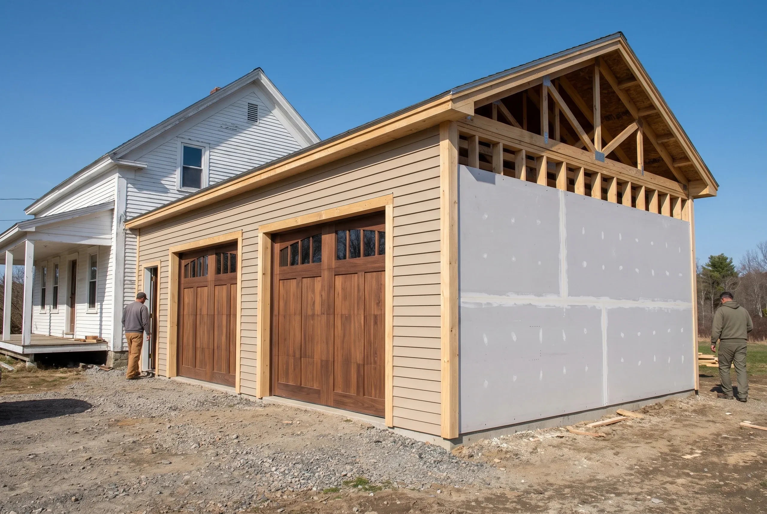 Garage builder in Winslow, ME: pine lap-sided two-bay garage with walnut carriage doors, right wall still in housewrap, beside a white older home