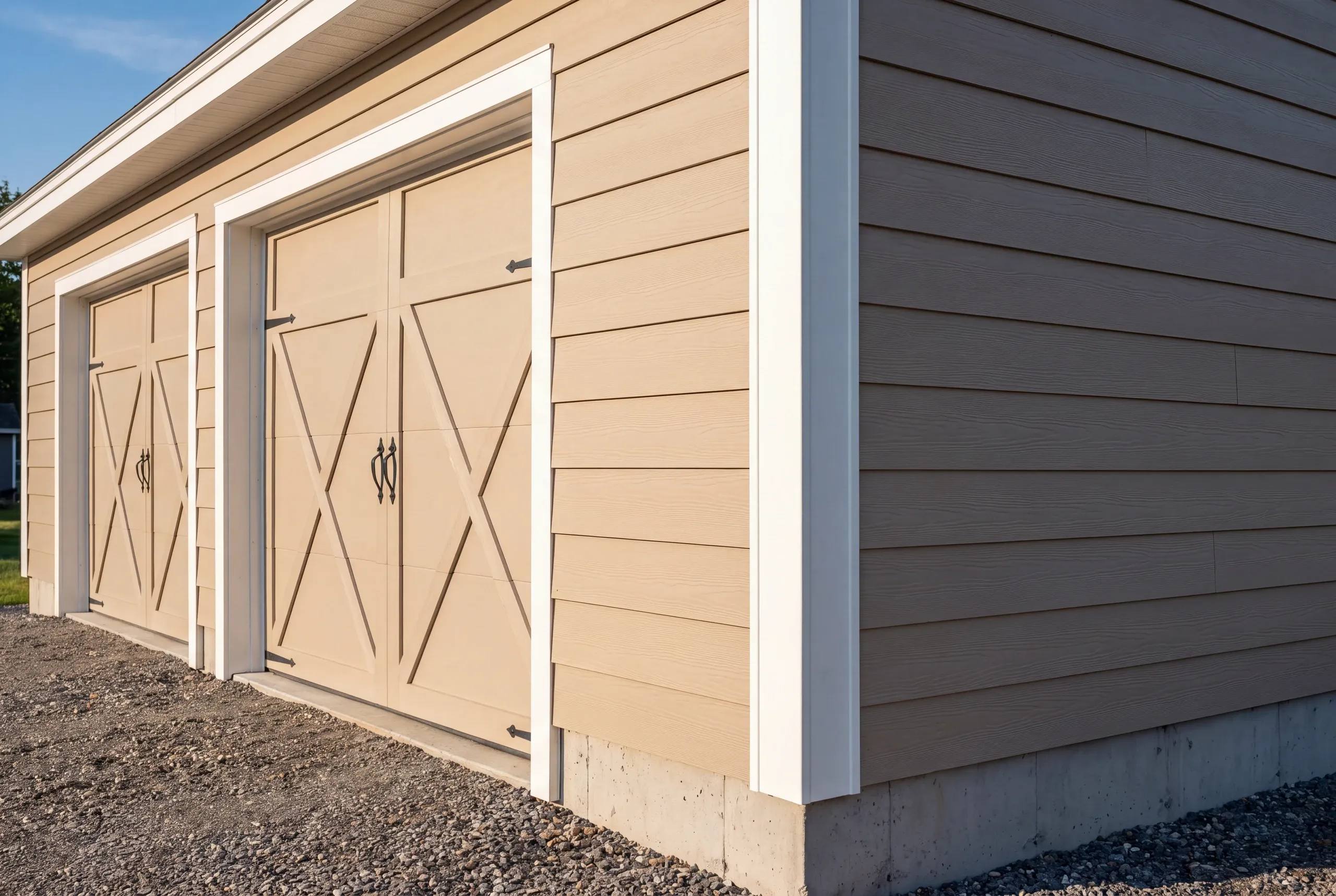 Custom garage builder Winslow Maine: close view of beige lap siding at a garage corner with two almond X-brace carriage doors