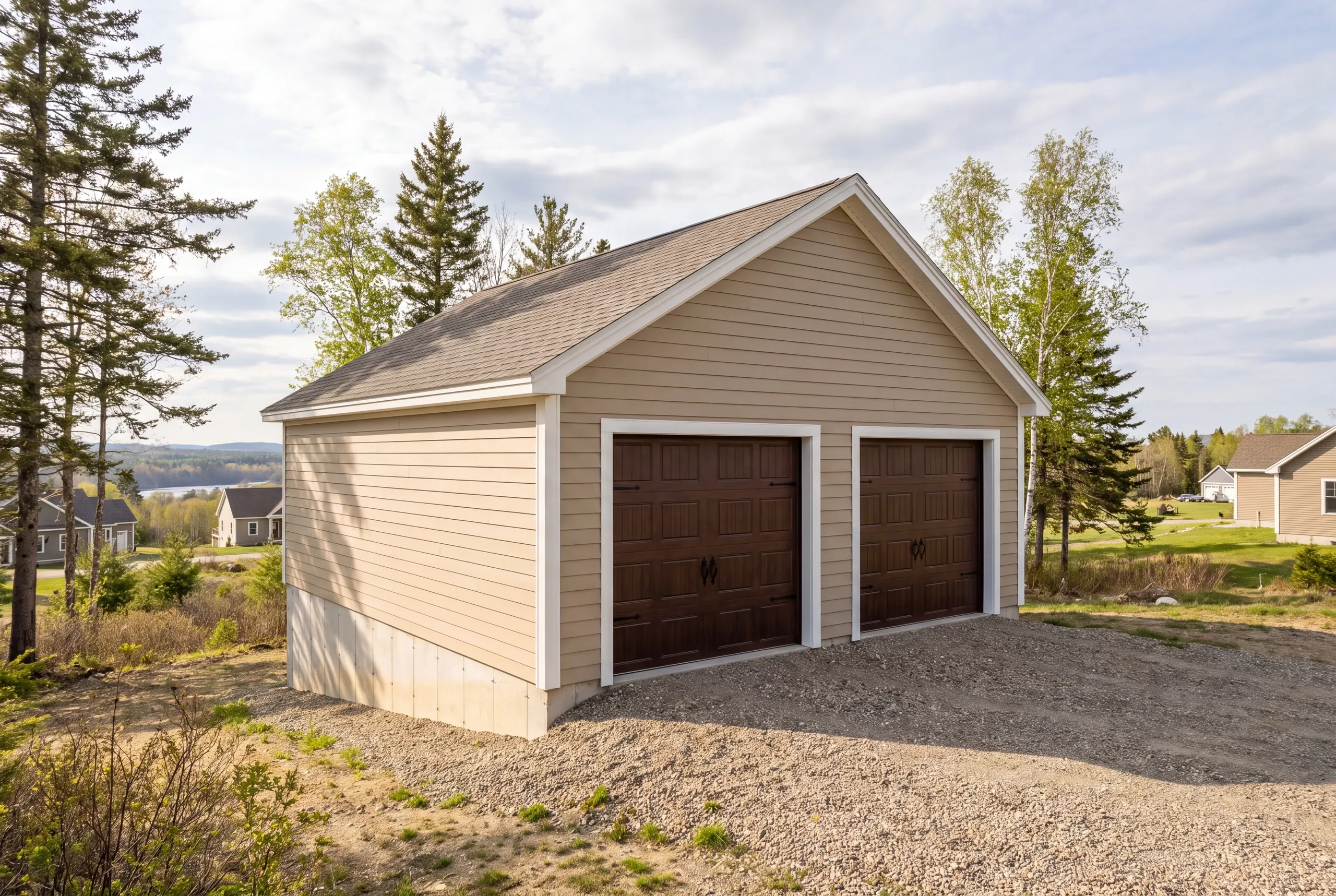 Detached garage builder Winslow Maine: detached tan two-bay garage with brown carriage doors on a rough yard above a lake