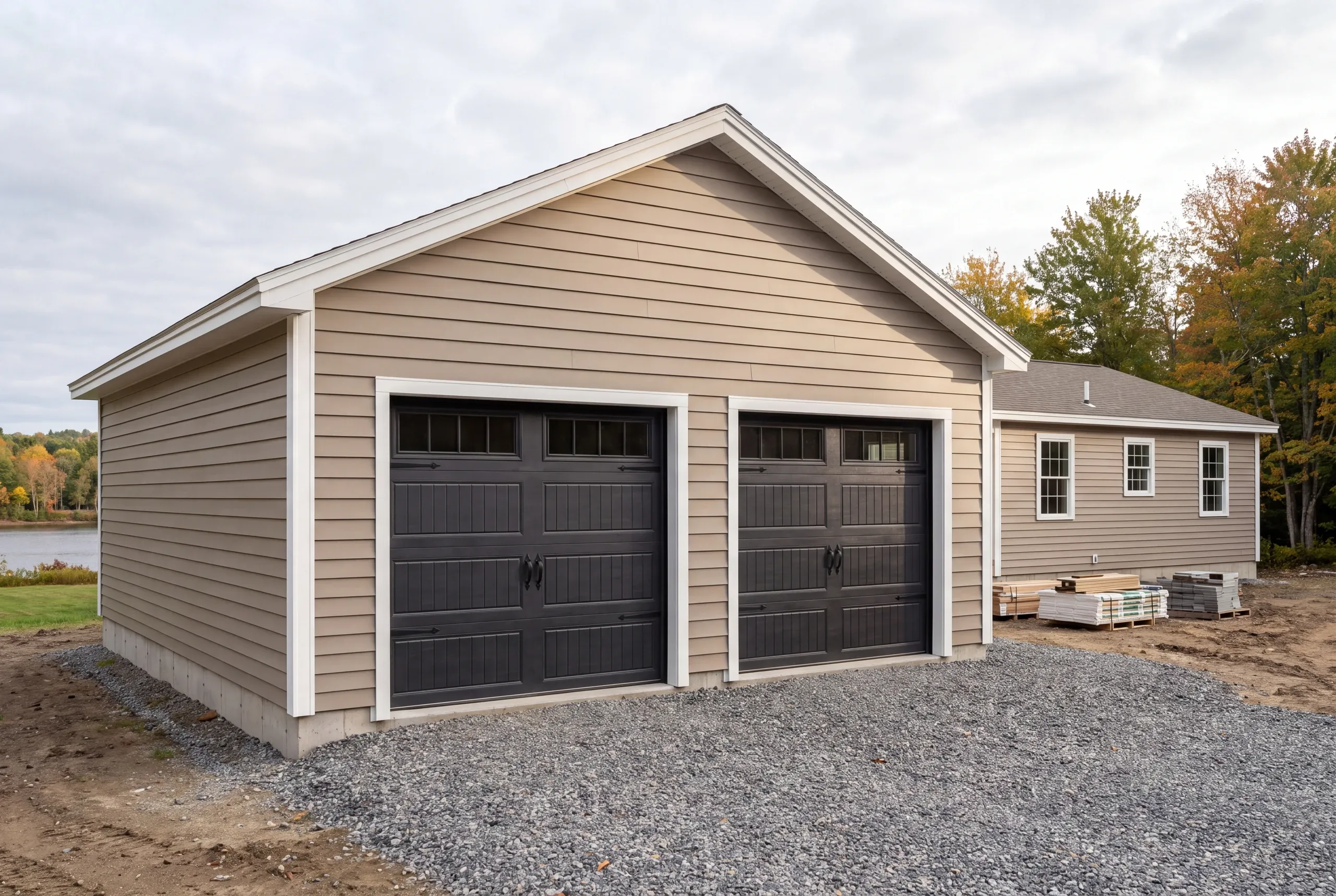 Garage builder Winslow Maine: taupe lap two-bay garage with black carriage doors joined to a matching one-story ranch