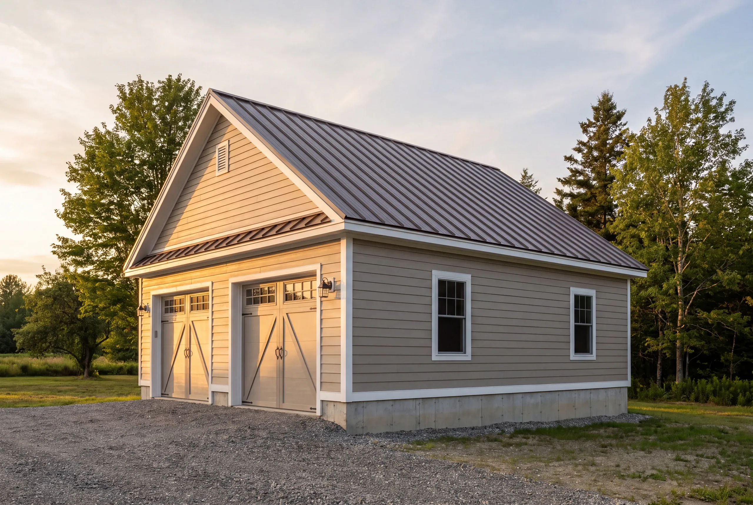 Custom garage builder Winslow Maine: free-standing taupe garage with bronze standing seam roof and X-brace carriage doors at sunset
