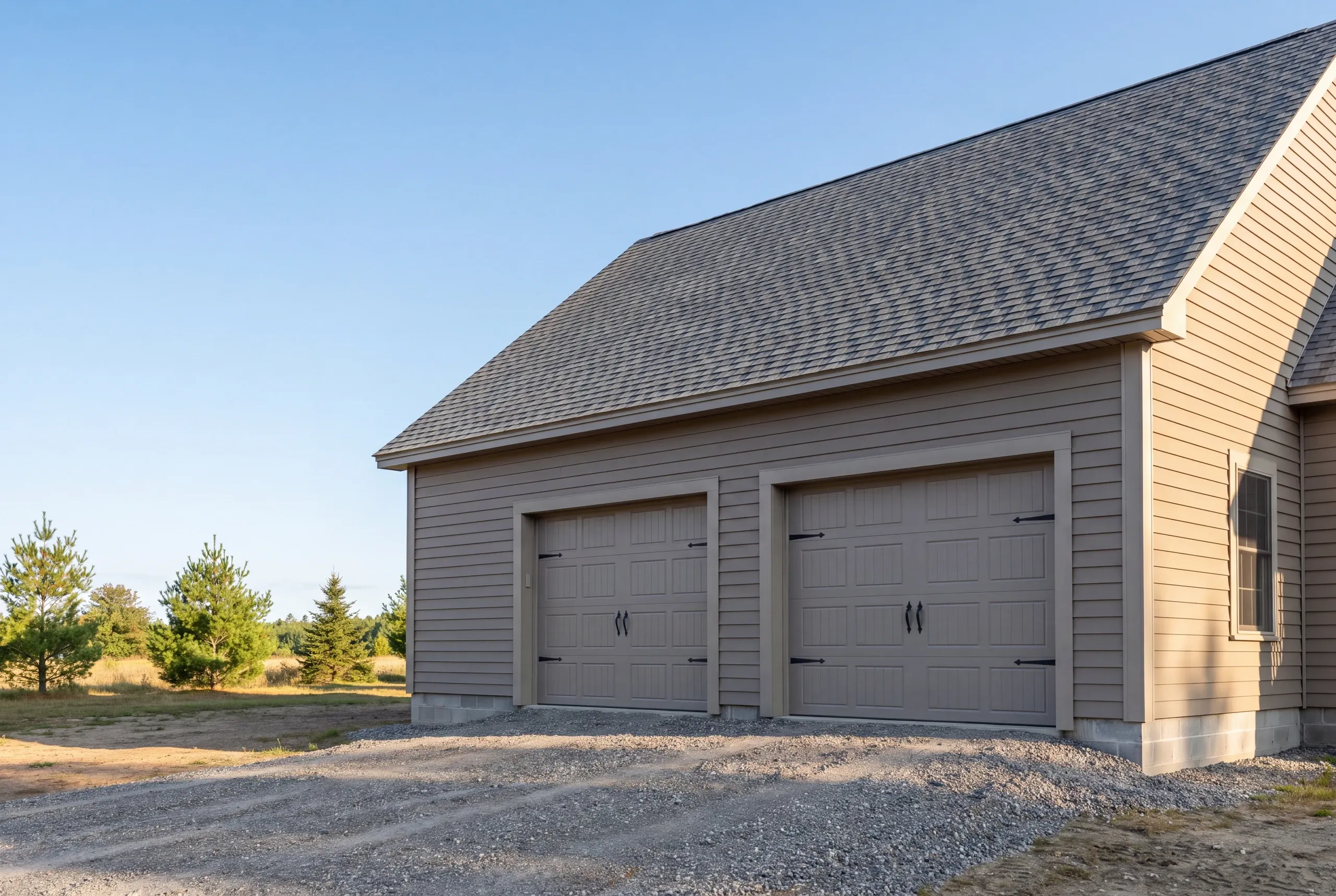 Garage builder Winslow Maine: taupe lap two-bay garage with taupe carriage doors on a gravel apron, a wing beyond its gable