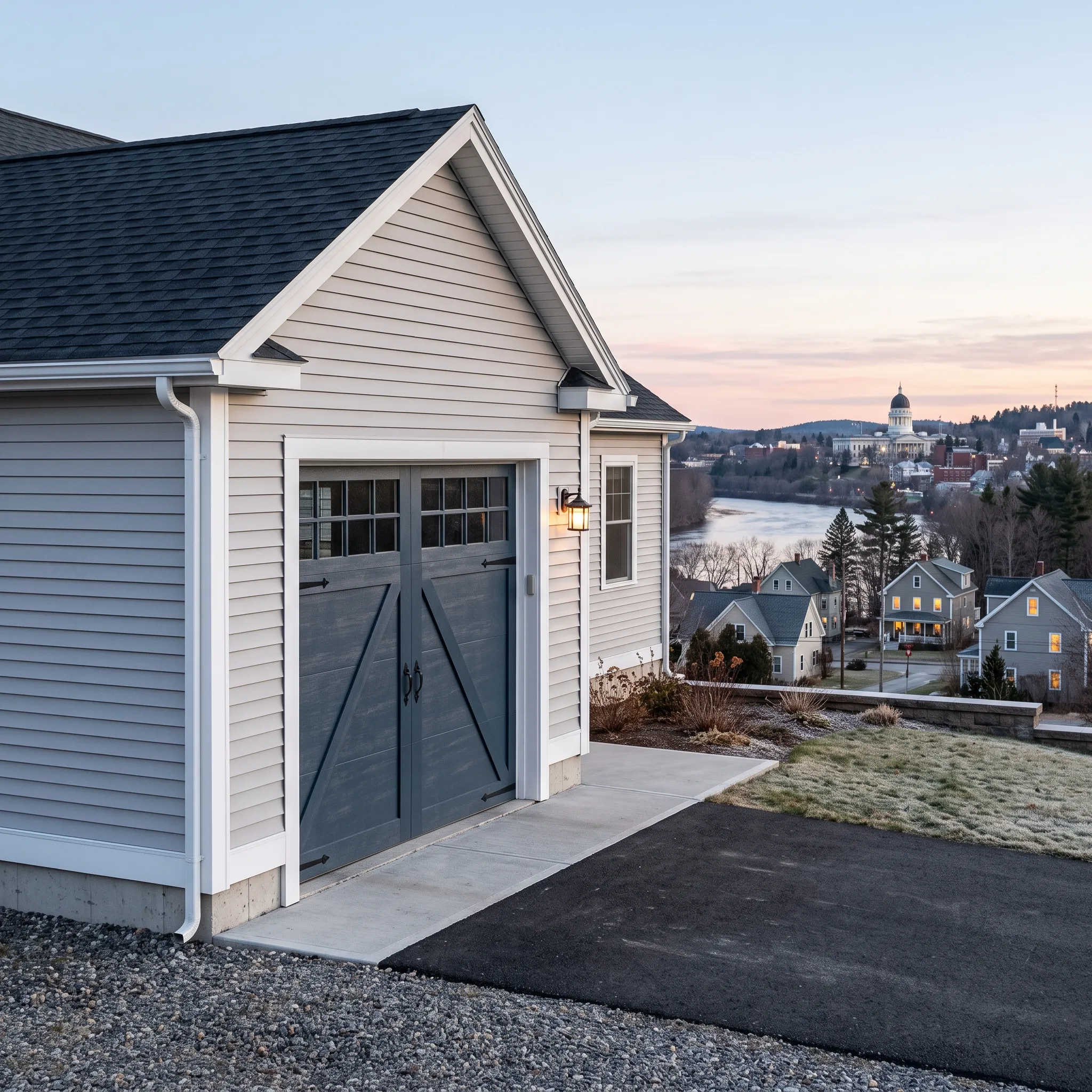 General contractor in Augusta, ME: light gray lap garage wing with a blue-gray carriage door above a river city at dusk