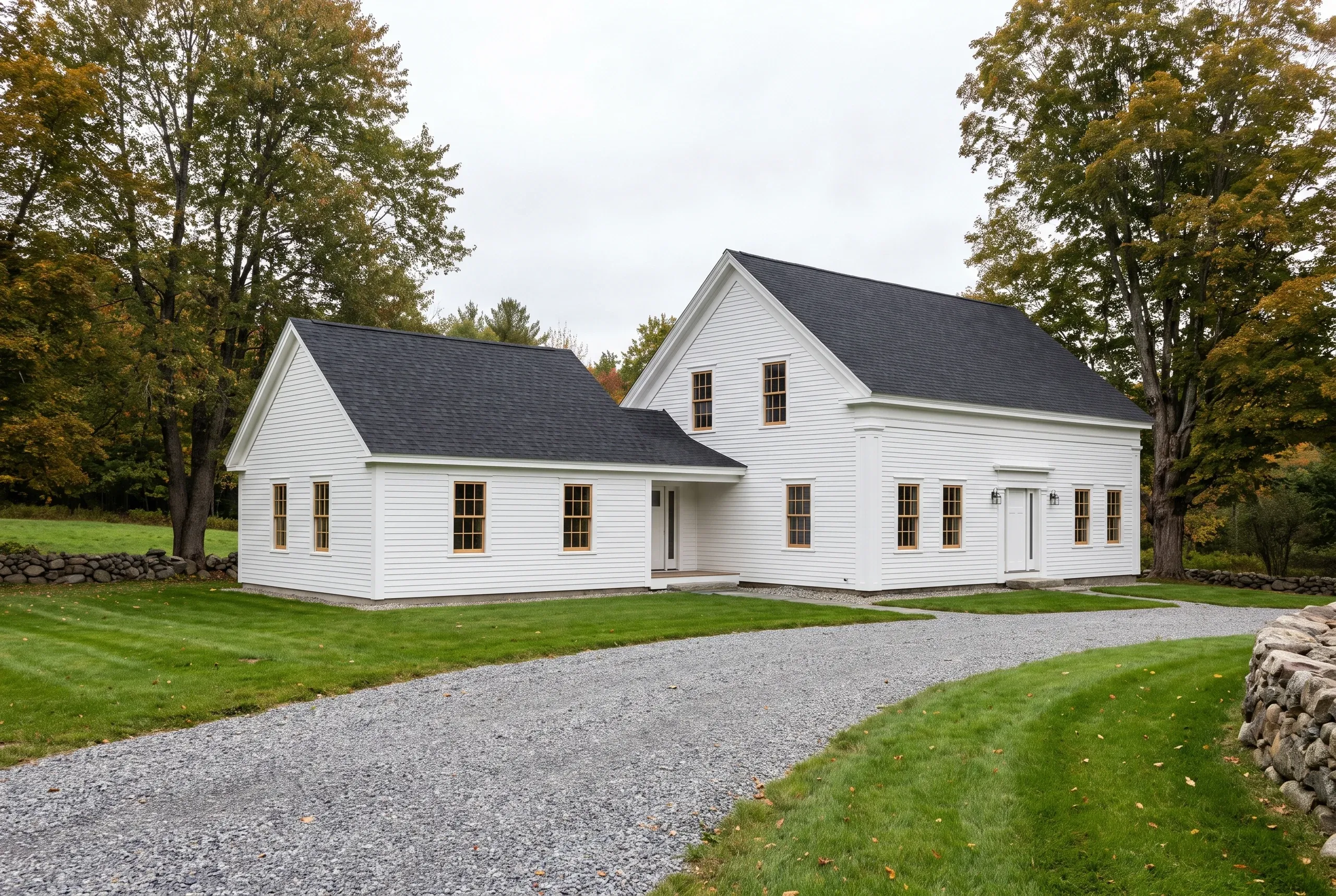 Residential general contractor Augusta Maine: finished white clapboard colonial with gravel drive and stone wall in a clearing