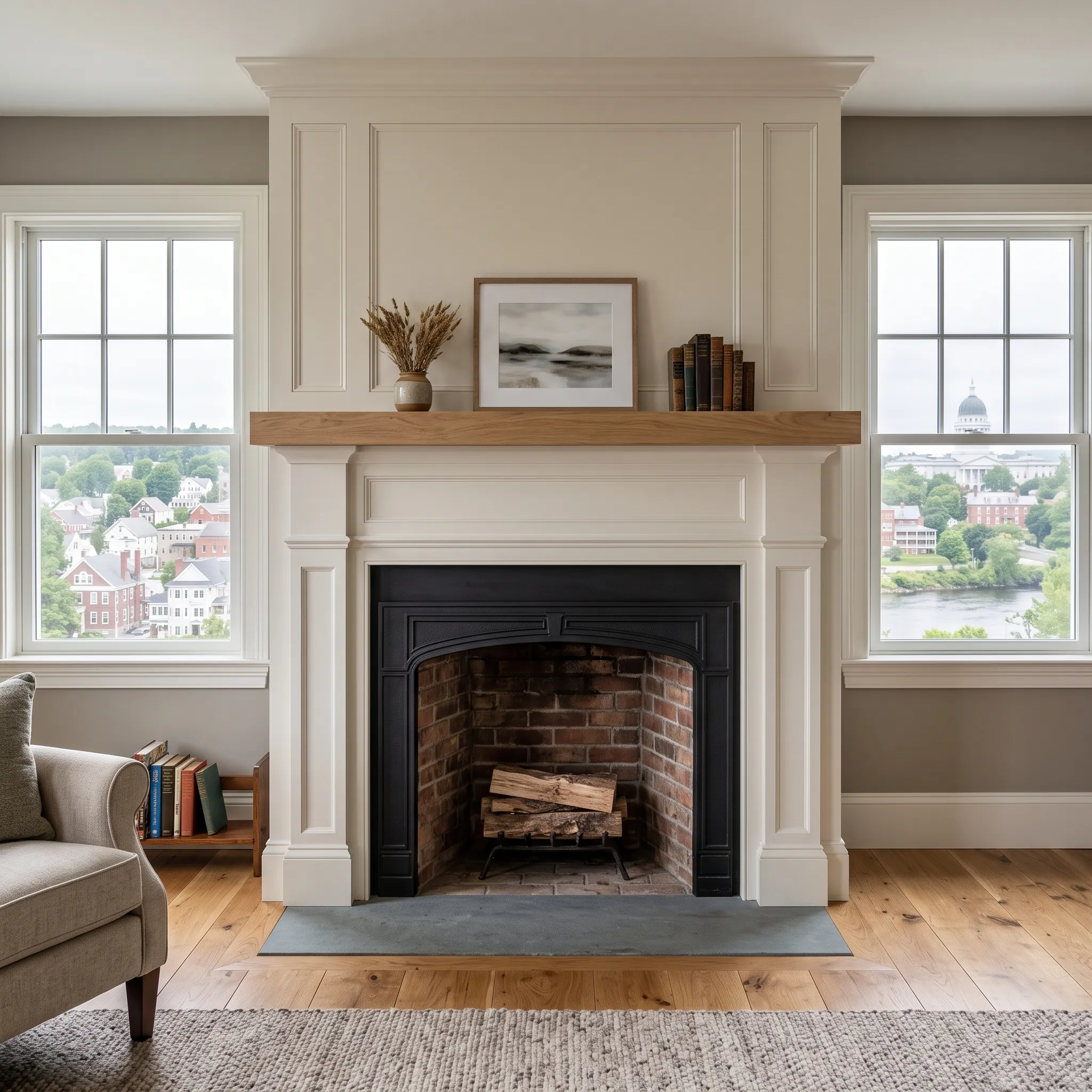Construction company Augusta Maine: living room with white paneled fireplace surround, brick firebox and windows over a river city