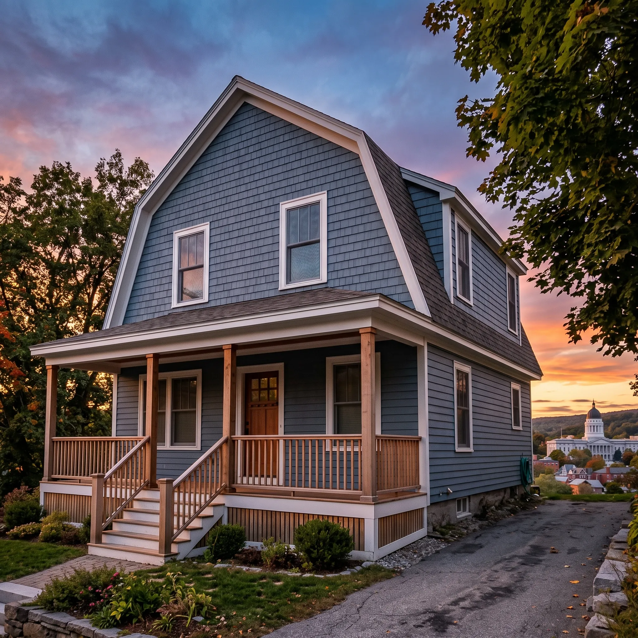 General contractor Augusta Maine: blue-gray shingled gambrel house with a wood farmer's porch and steps at sunset