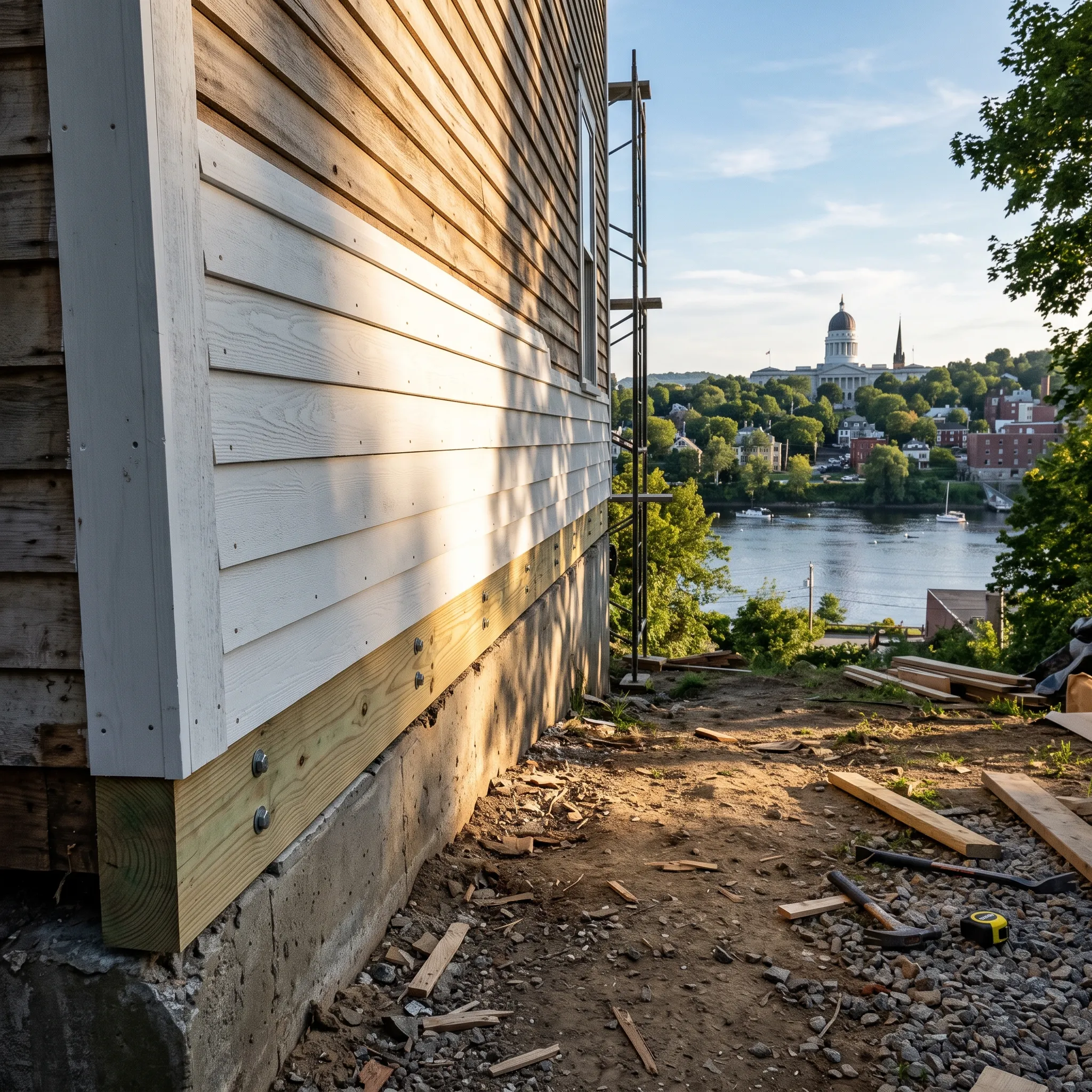 Residential general contractor Augusta Maine: older clapboard wall with new white clapboard courses over a pressure-treated sill and scaffold