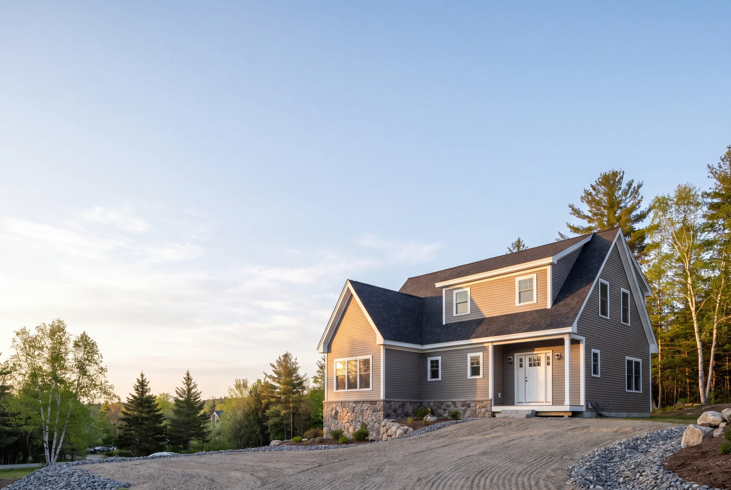 Construction company Augusta Maine: gray 1.5-story house with shed dormer, fieldstone base and a freshly raked gravel drive