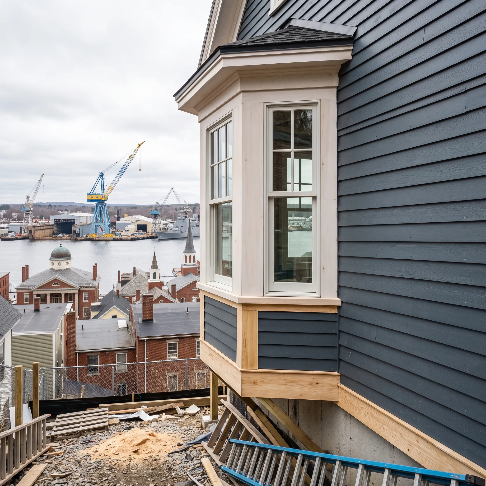 General contractor in Bath, ME: slate-blue lap house with a new bay window in bare wood trim, ladder and debris, shipyard cranes