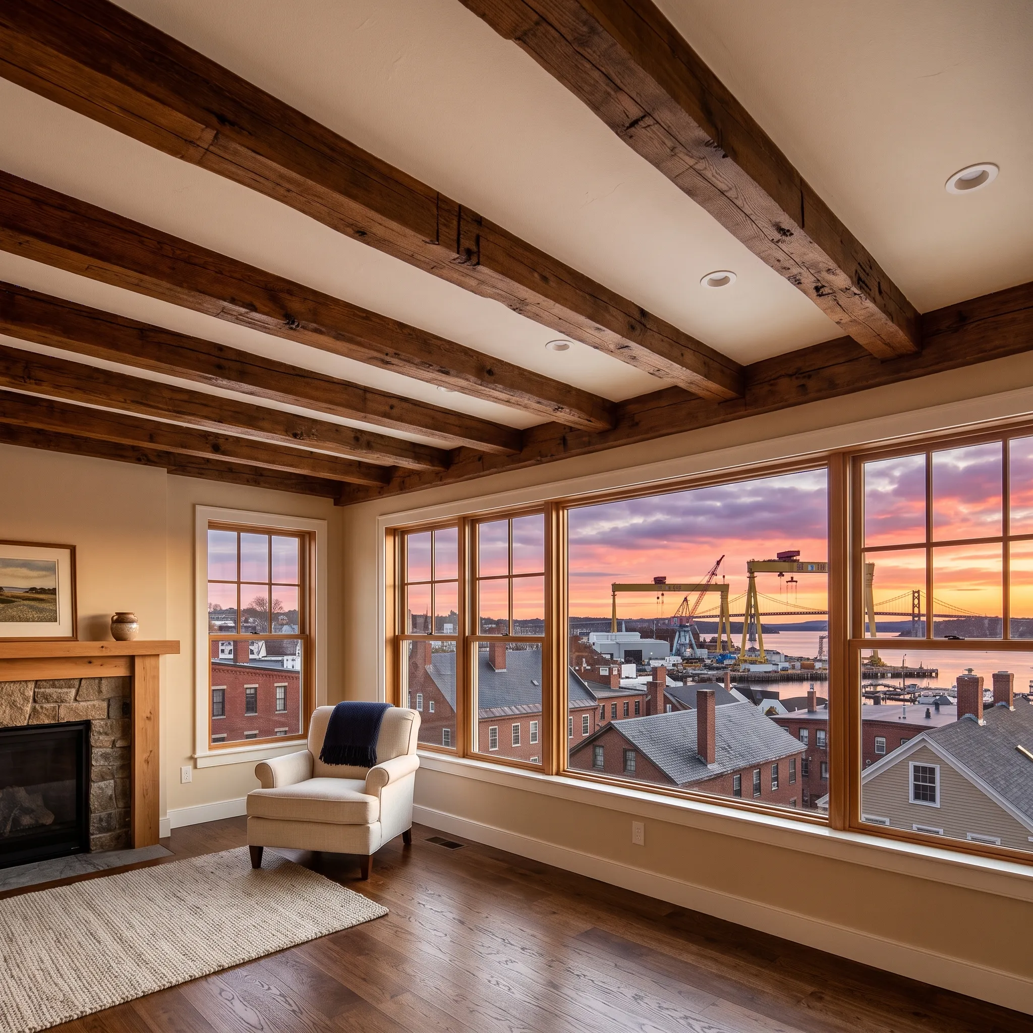 Residential general contractor Bath Maine: living room with heavy timber beams, a stone fireplace and tall windows toward shipyard cranes