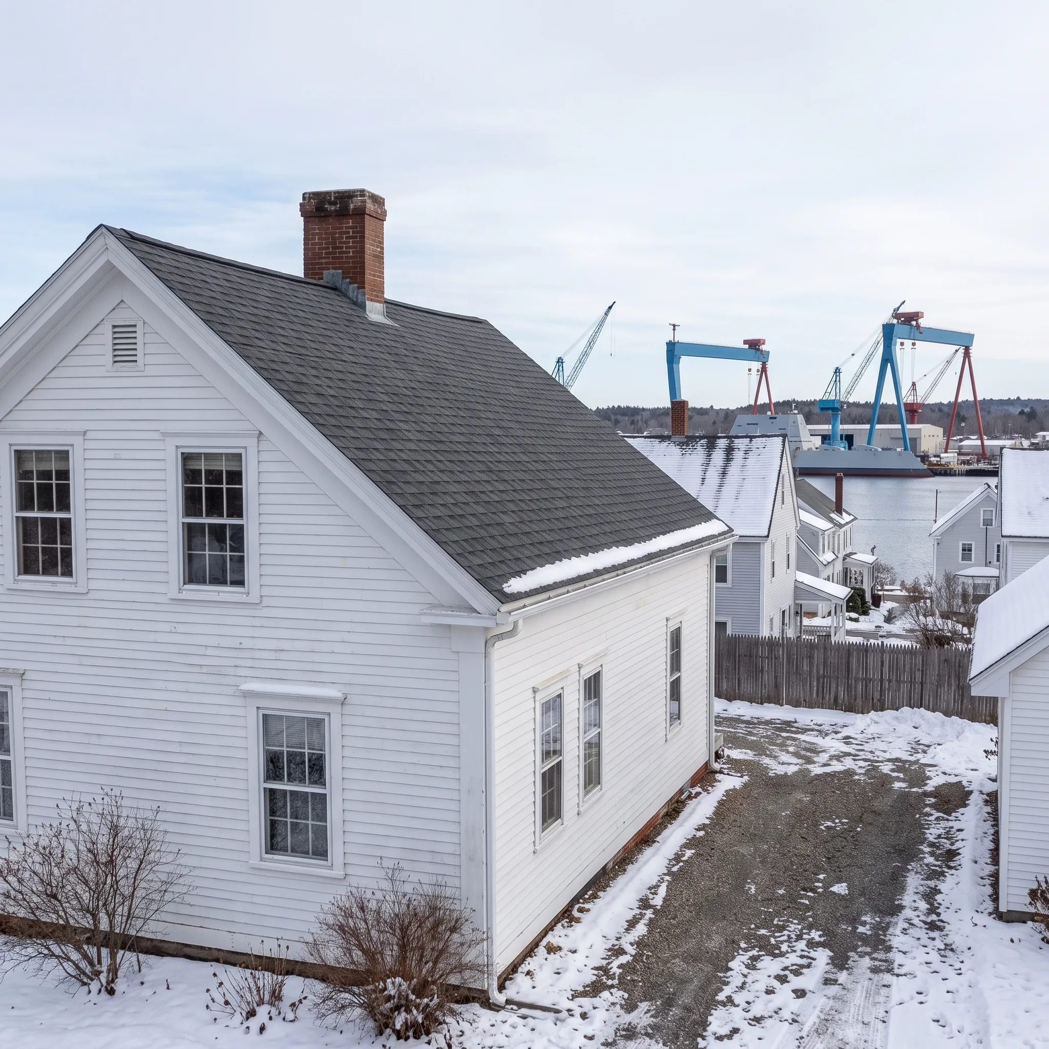 General contractor Bath Maine: white clapboard cape with center chimney in snow, gravel drive and gantry cranes behind