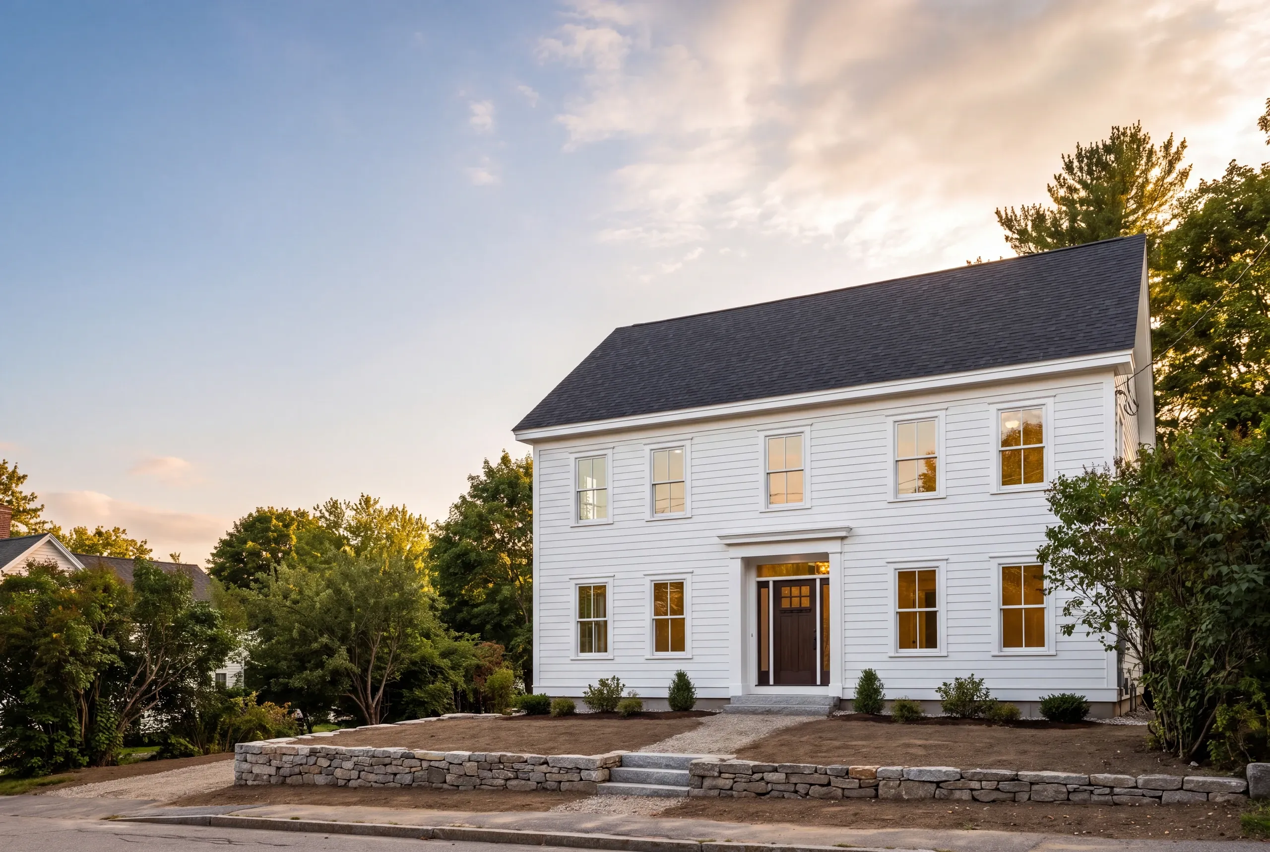 Construction company Bath Maine: white two-story colonial above a stone retaining wall in late sunset light