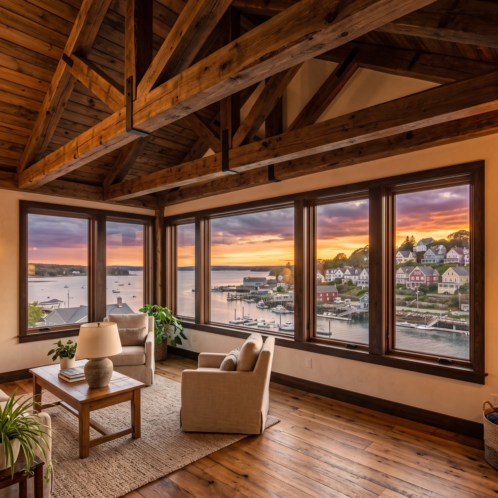General contractor in Belfast, ME: great room with exposed timber trusses, armchairs and a window wall over the harbor at sunset