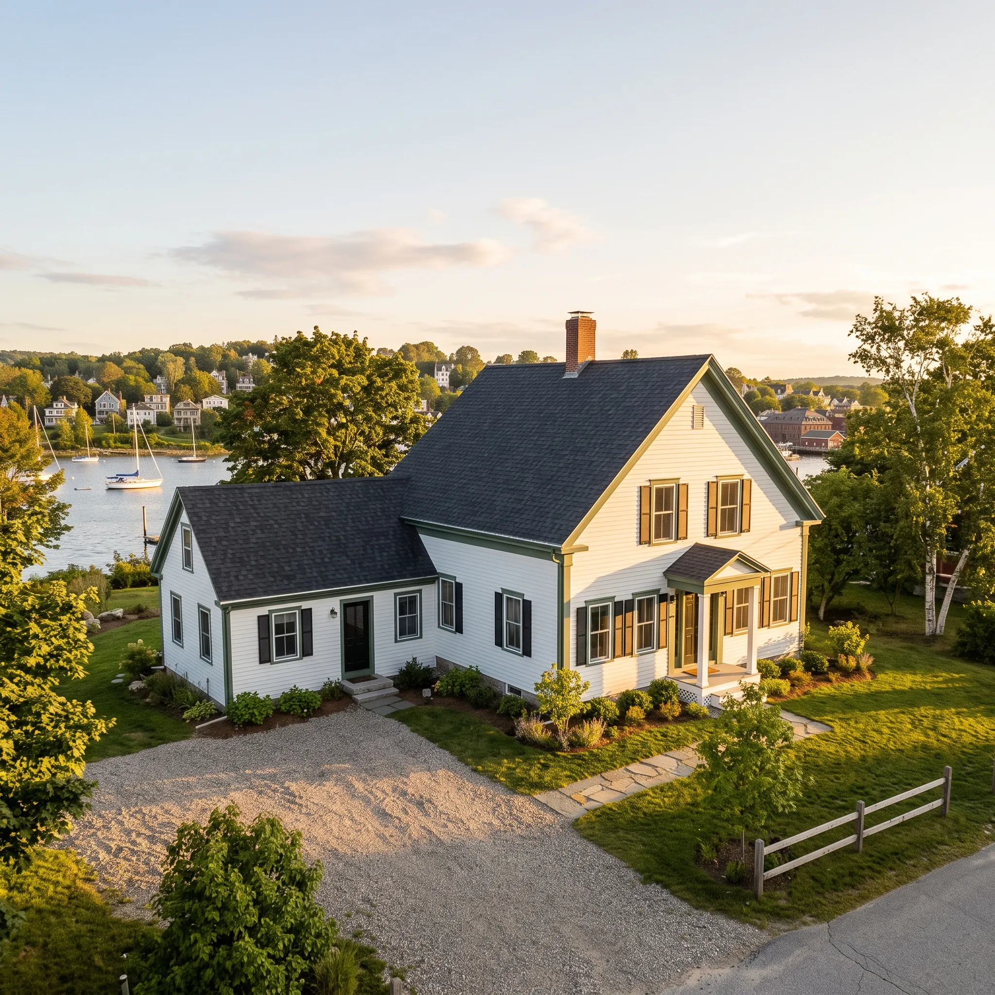 Residential general contractor Belfast Maine: aerial of a white cape with attached ell, black shutters and gravel drive above a harbor