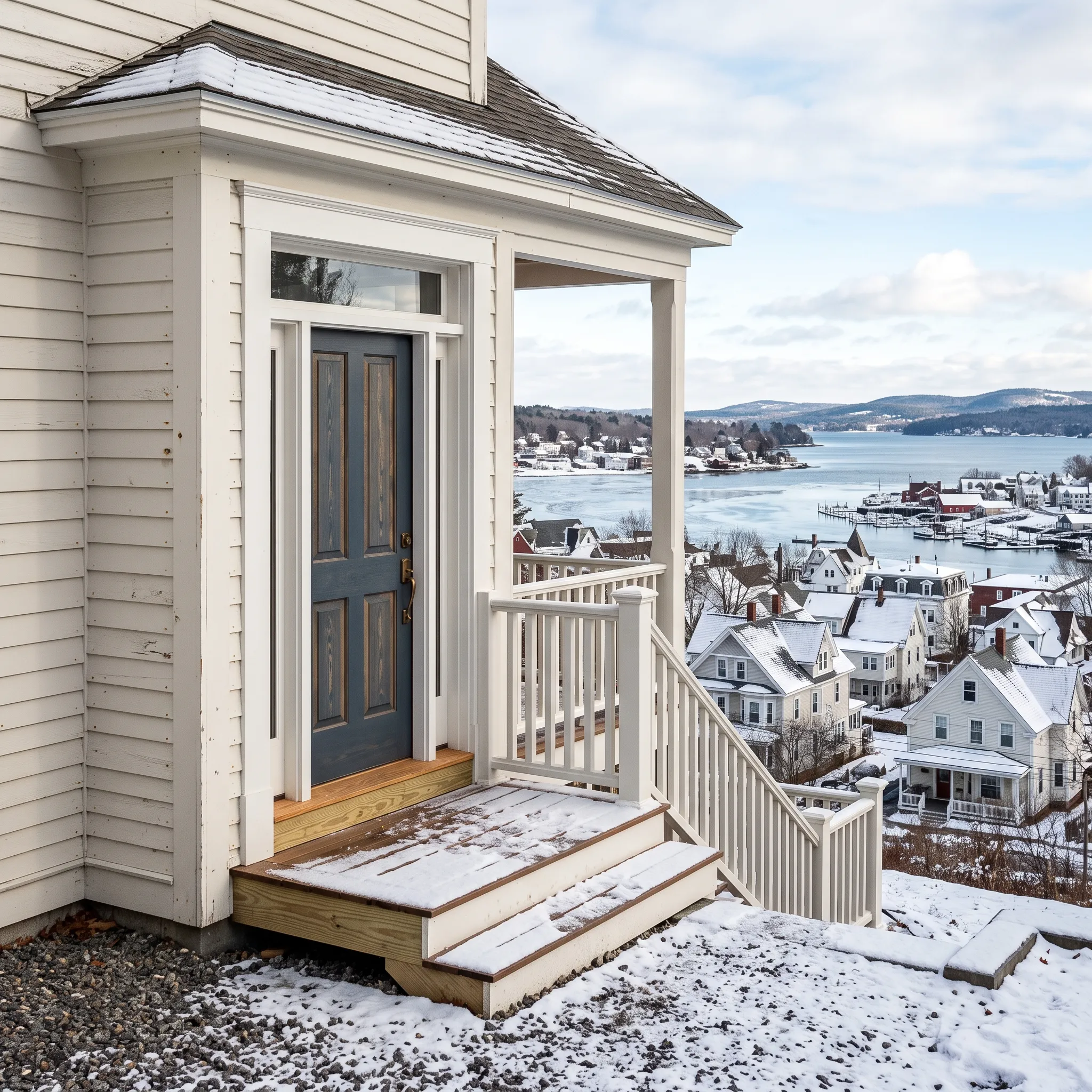 Construction company Belfast Maine: entry portico with gray-blue door, white railing and snowy steps looking out to the harbor