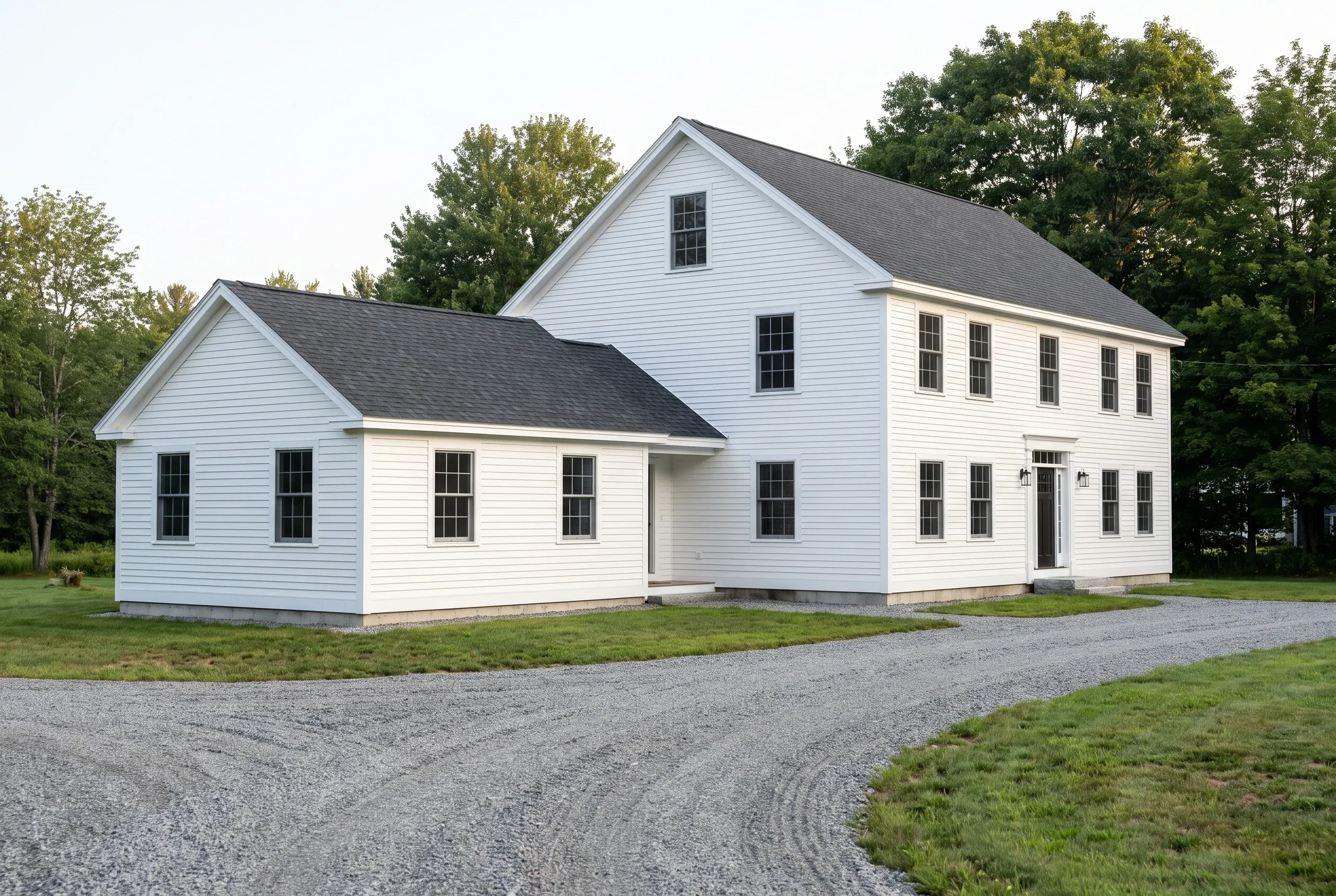 General contractor Belfast Maine: finished white clapboard colonial with gravel drive on a mowed yard at dusk