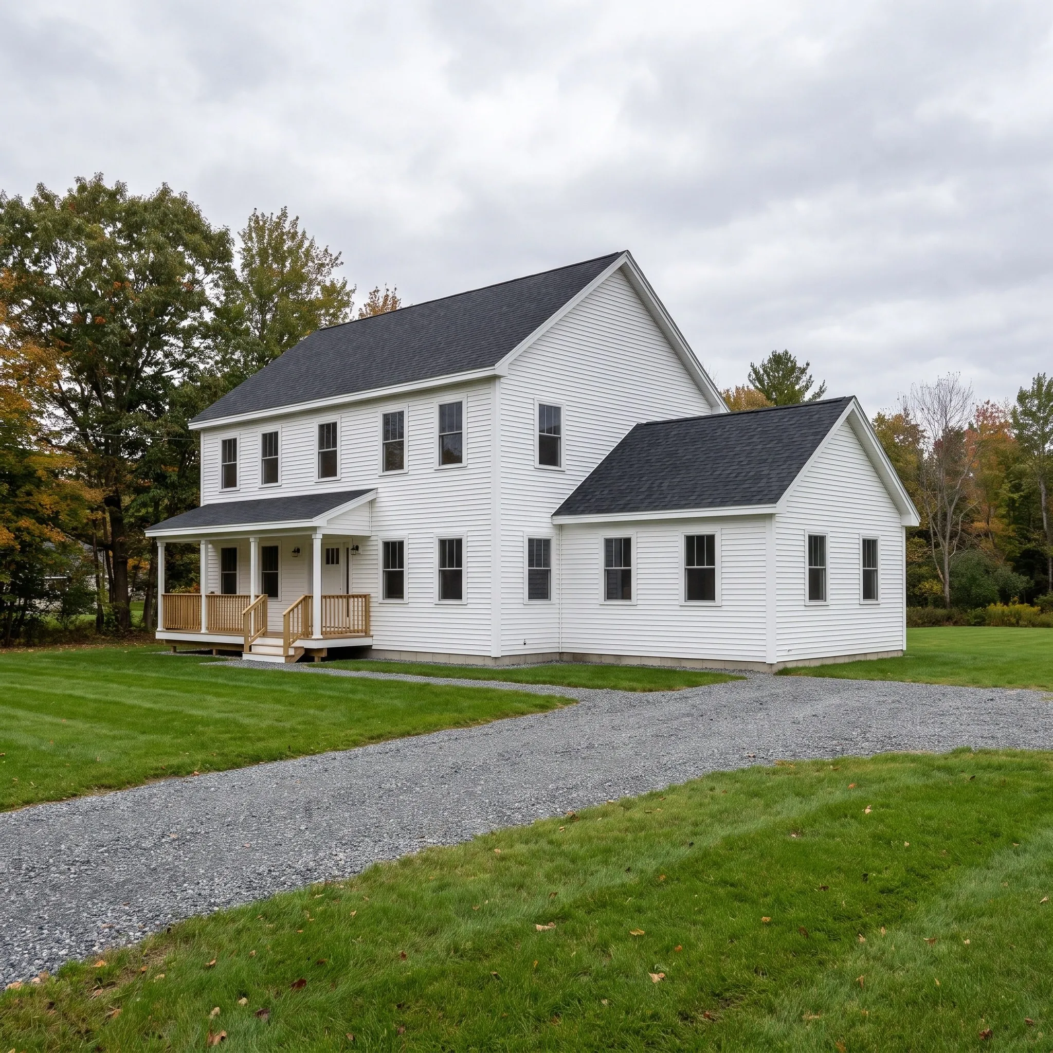 Residential general contractor Belfast Maine: white clapboard farmhouse with a side wing, covered front porch and a gravel drive